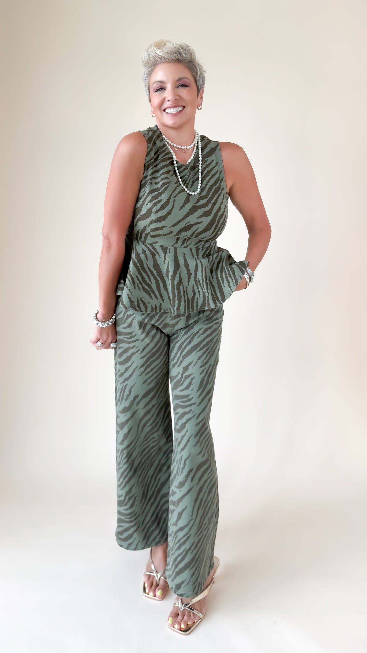 Zebra Print Wide Leg Pants/Green