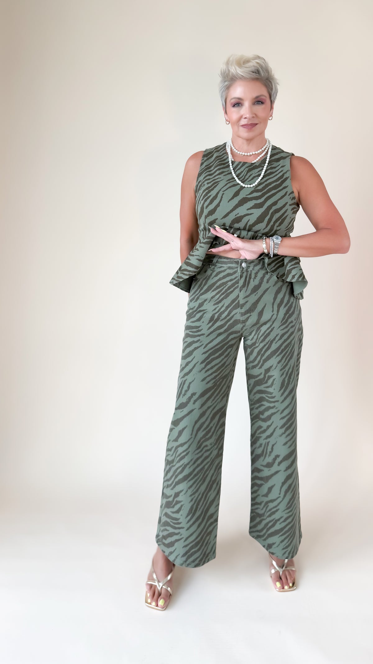 Zebra Print Wide Leg Pants/Green