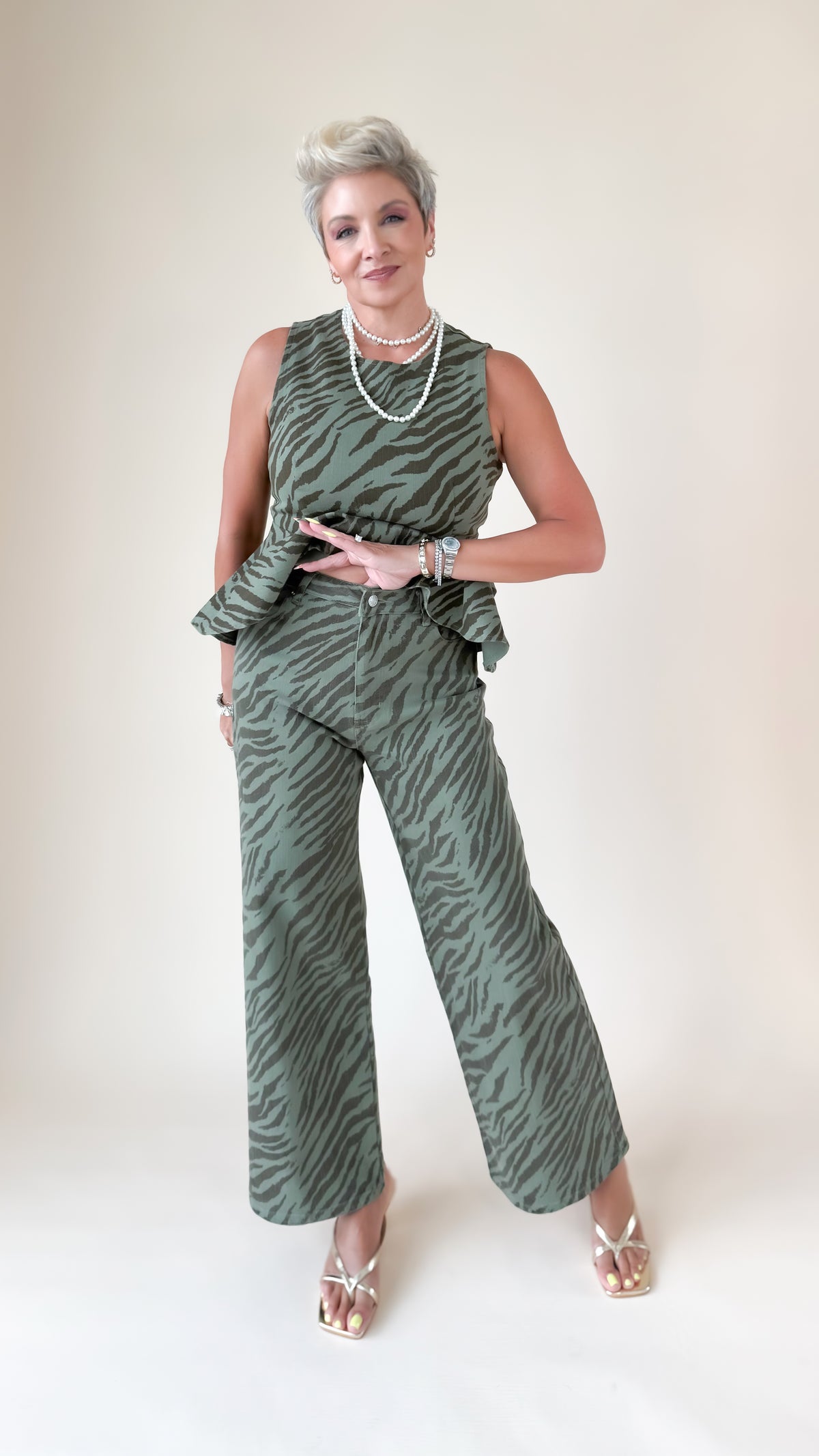 Zebra Print Wide Leg Pants/Green