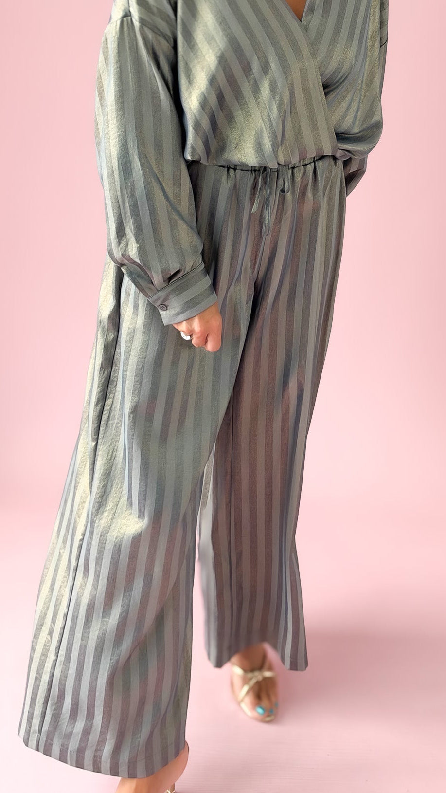 Wide Leg Metallic Stripe Pants/Indigo