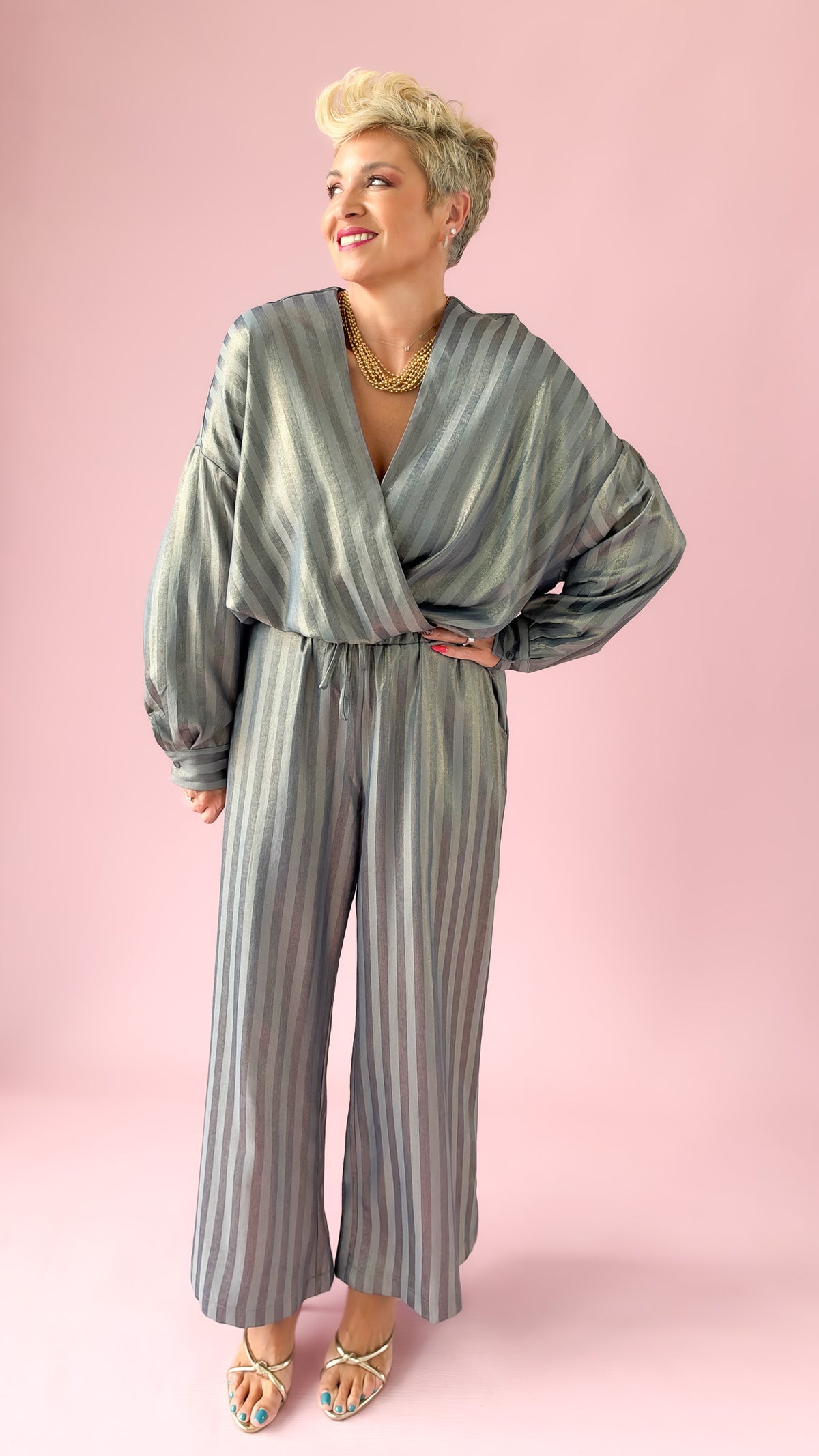 Wide Leg Metallic Stripe Pants/Indigo