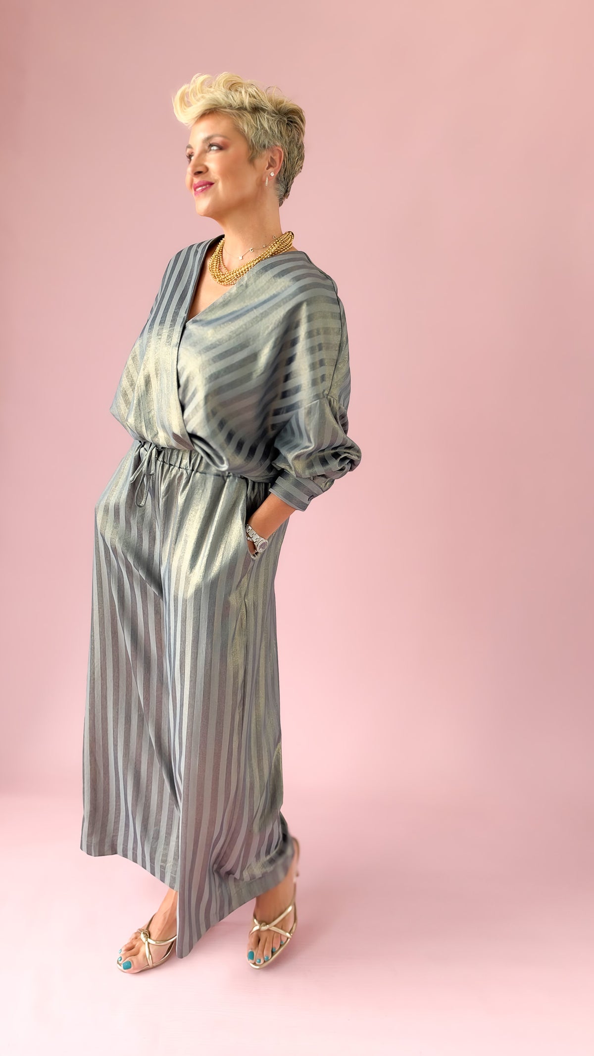 Wide Leg Metallic Stripe Pants/Indigo