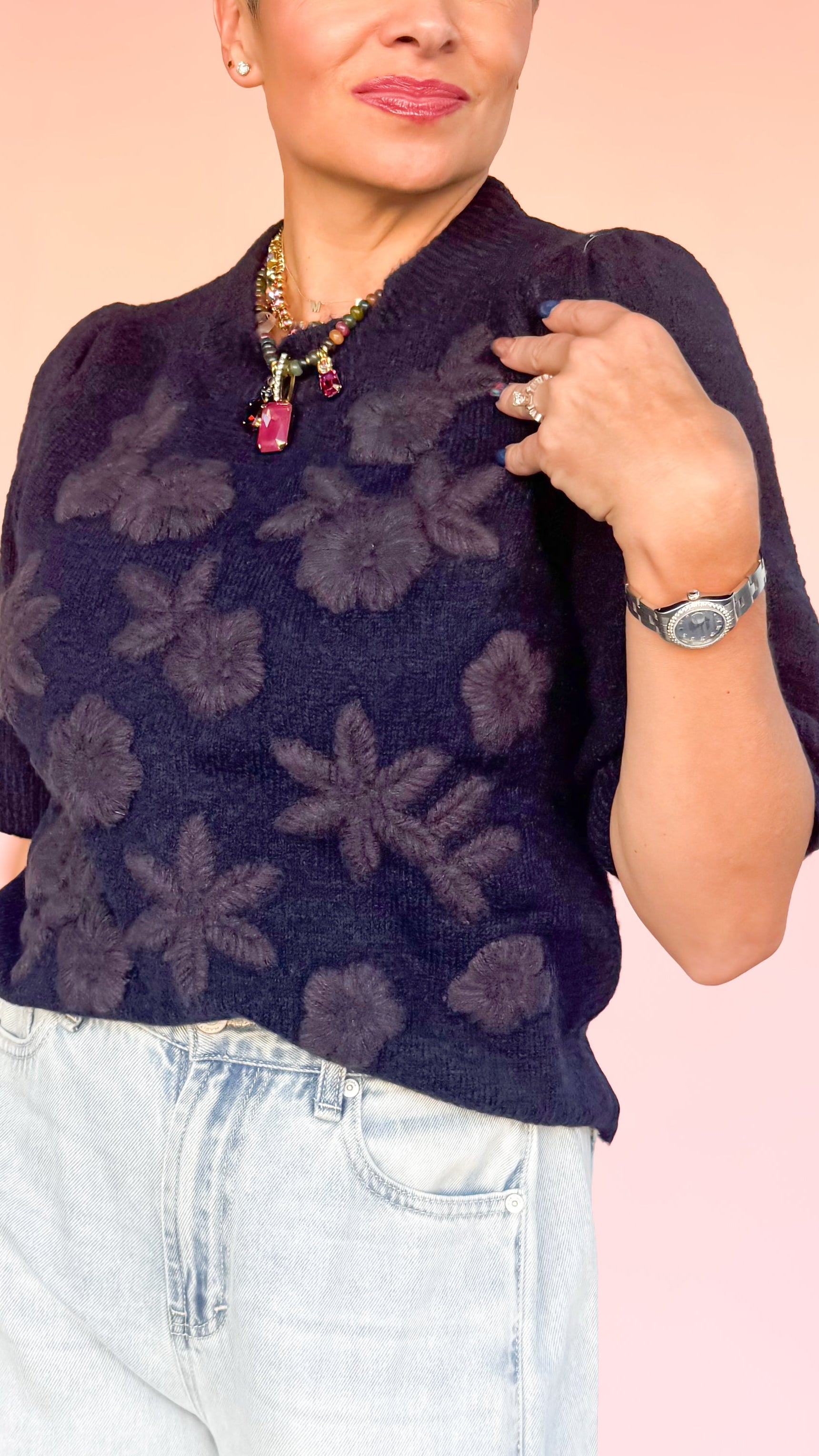 Lou Embroidered Short Sleeve Sweater/Navy - The BLVD