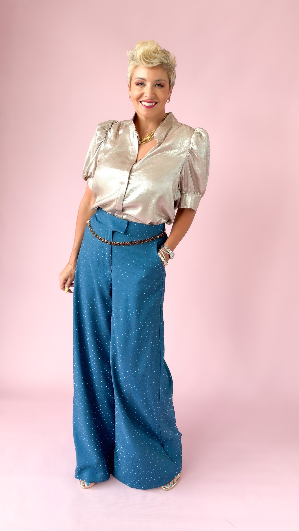 Metallic Bubble Sleeve Top/Champagne