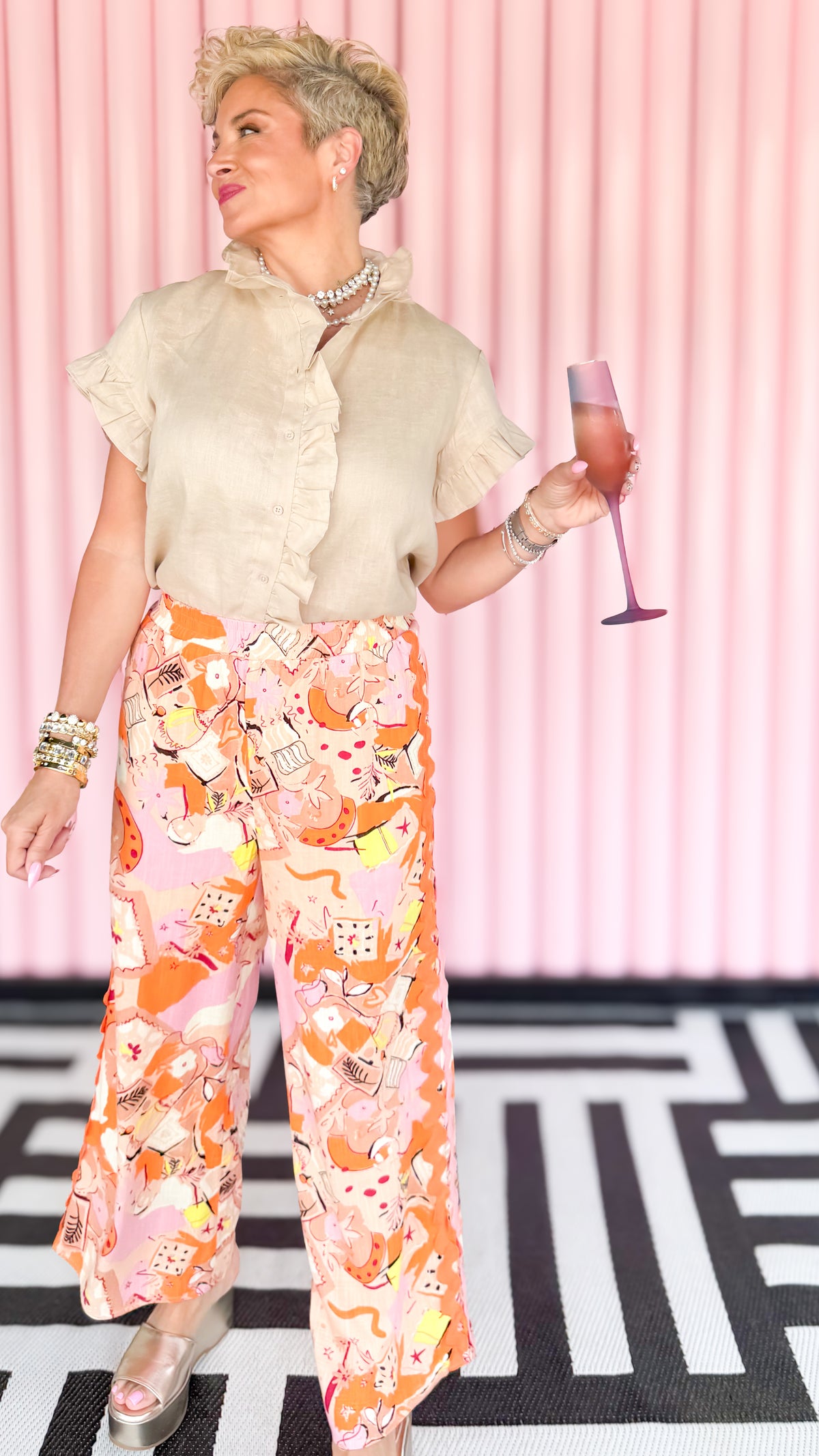 ABSTRACT LINEN RIC-RAC TRIMMED PANTS