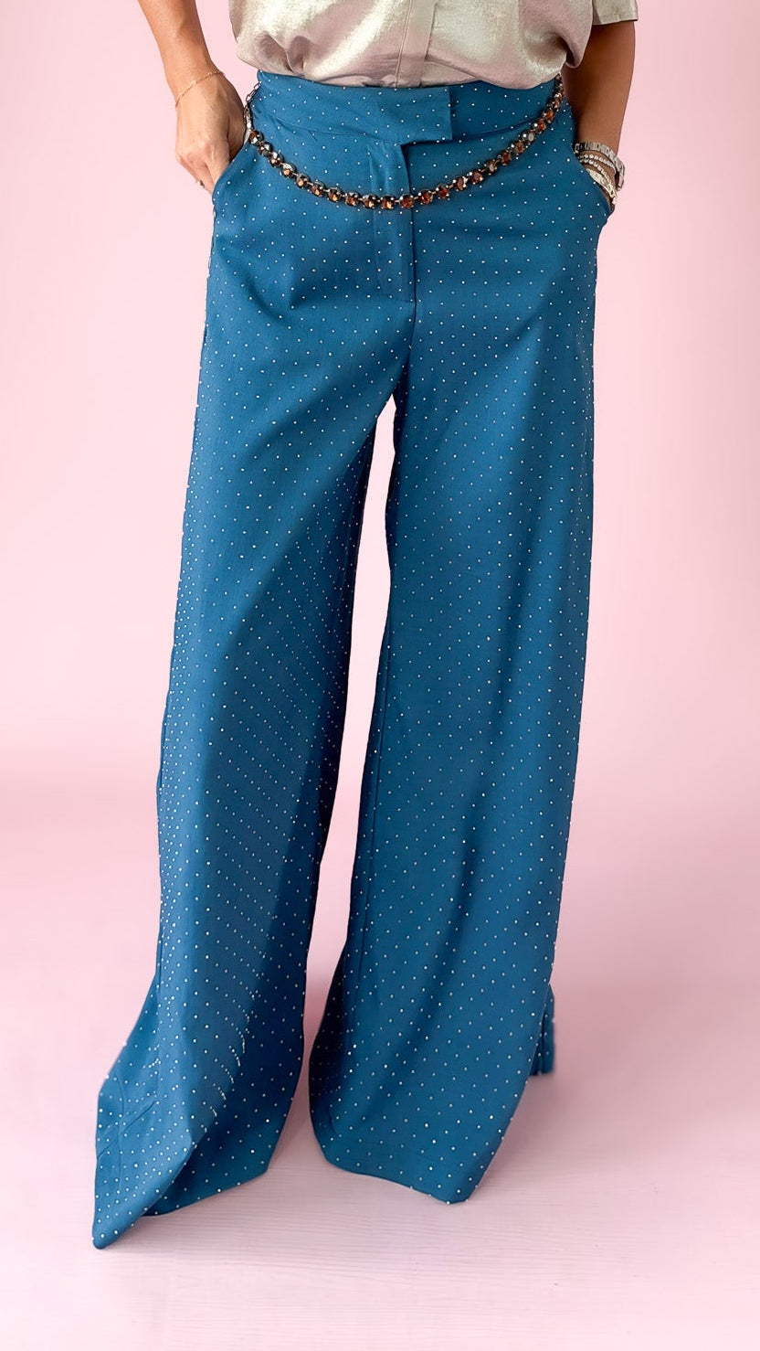 Rhinestone Flowy HW Pants/Teal