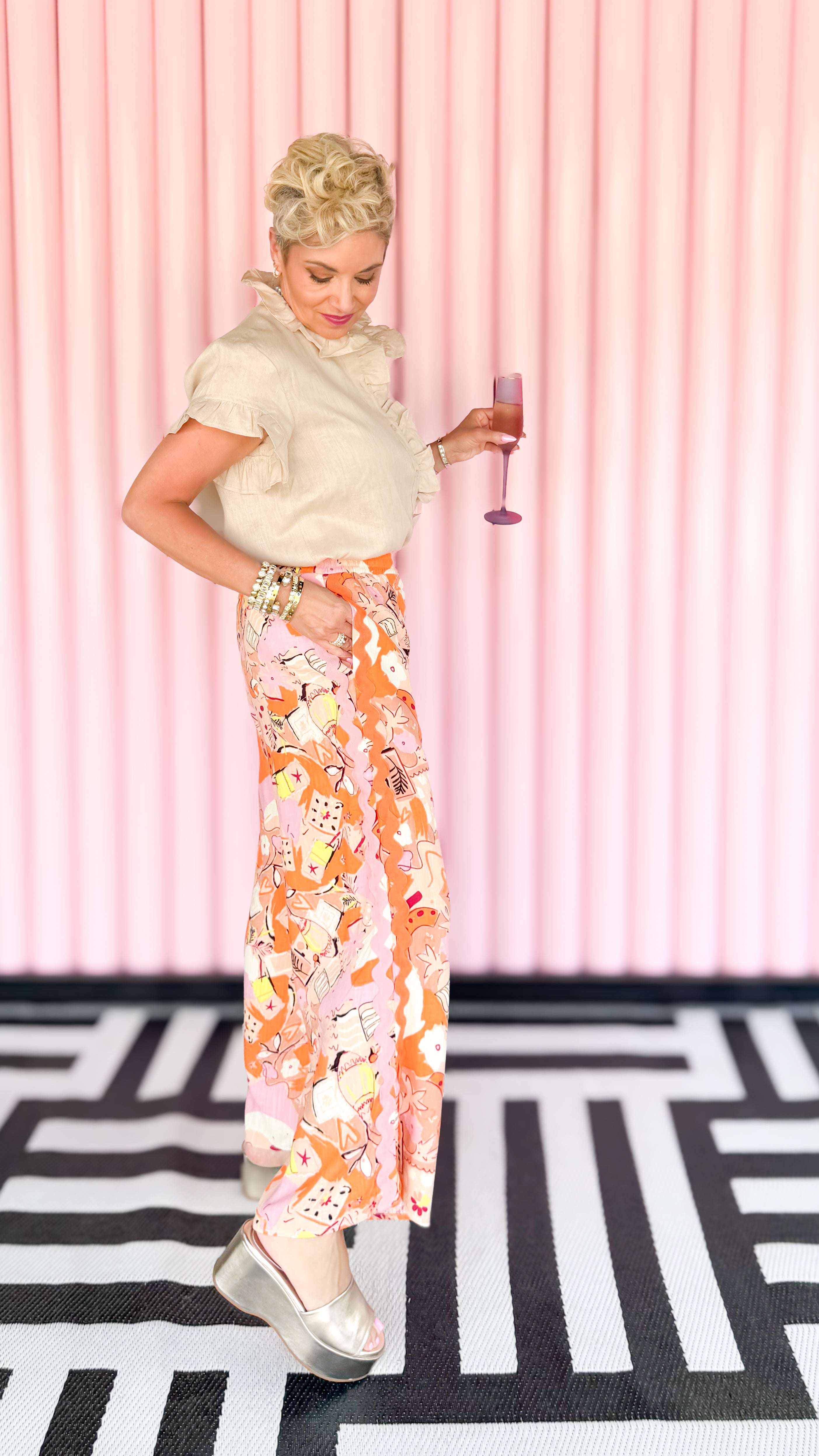 ABSTRACT LINEN RIC-RAC TRIMMED PANTS