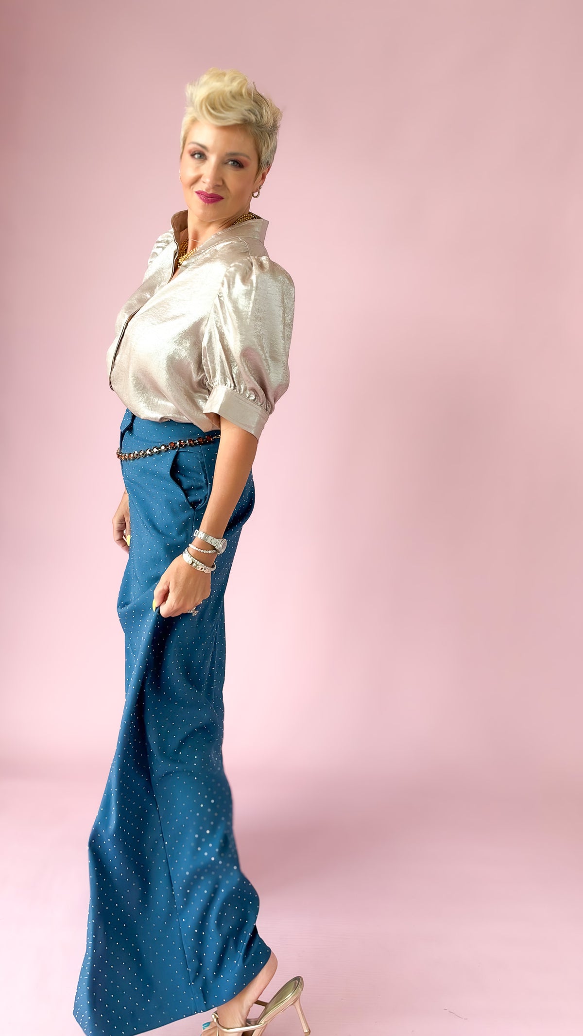 Metallic Bubble Sleeve Top/Champagne