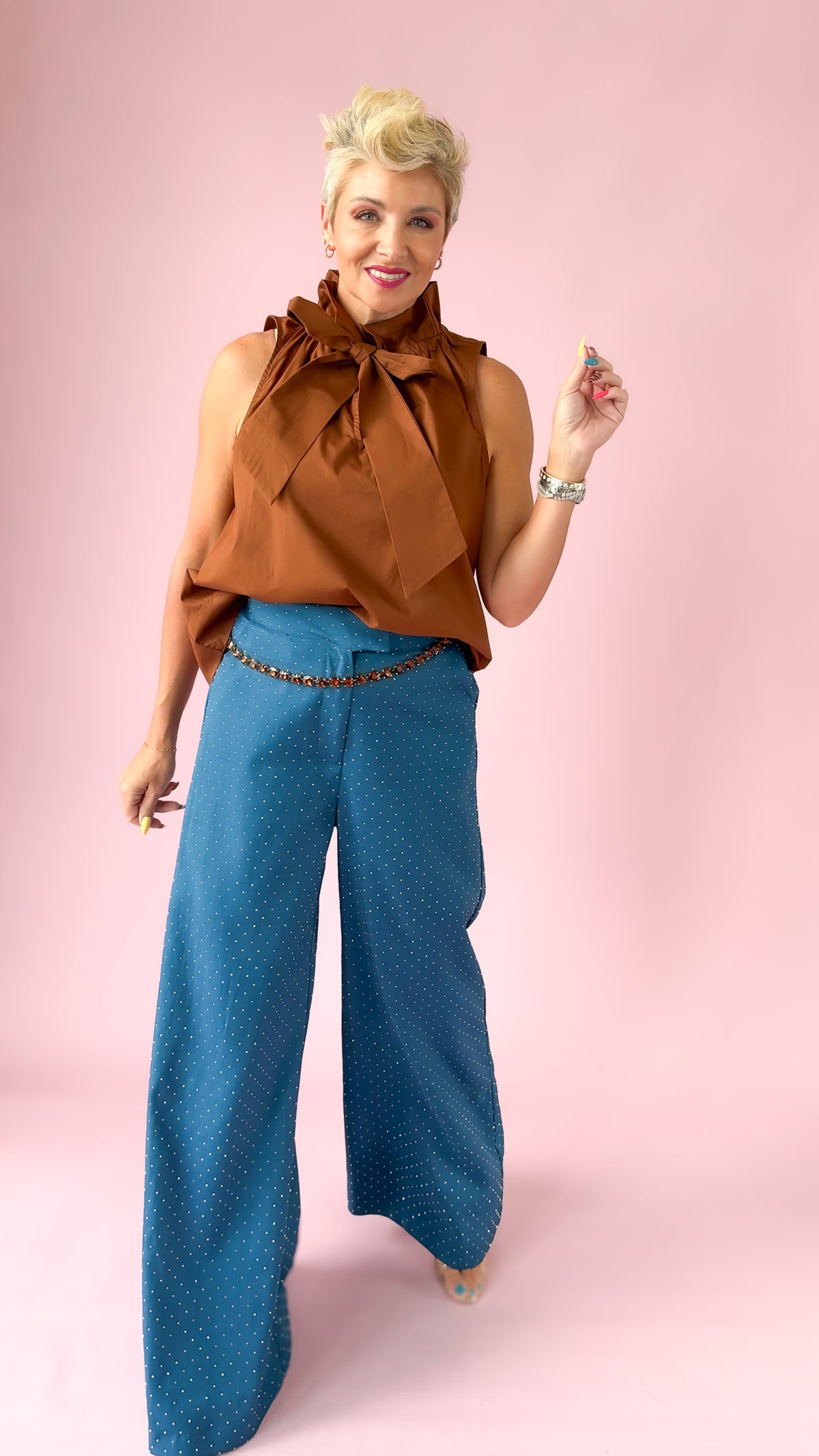 Rhinestone Flowy HW Pants/Teal