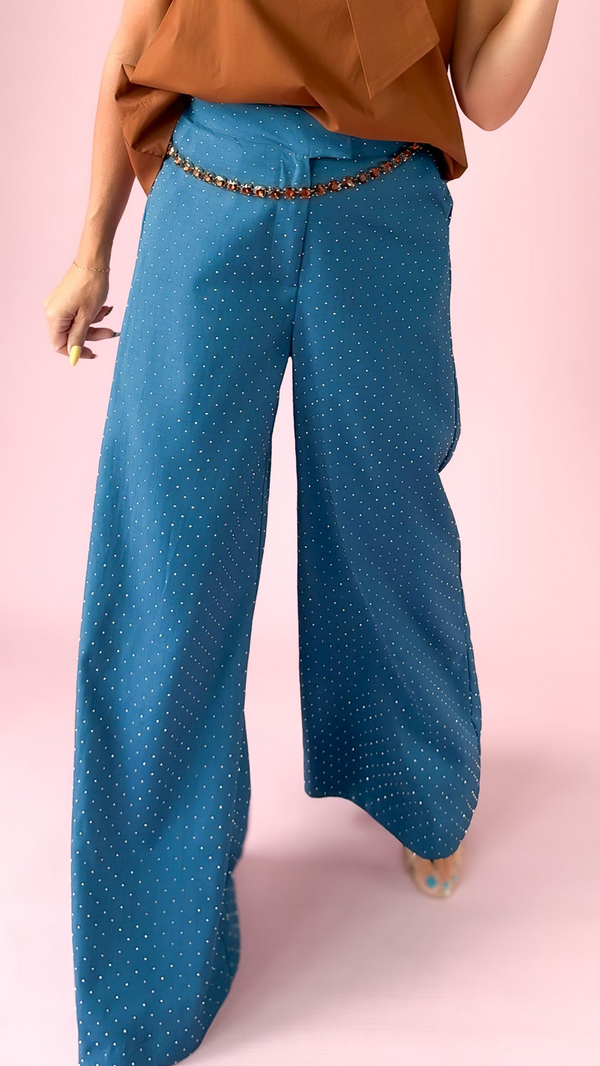 Rhinestone Flowy HW Pants/Teal