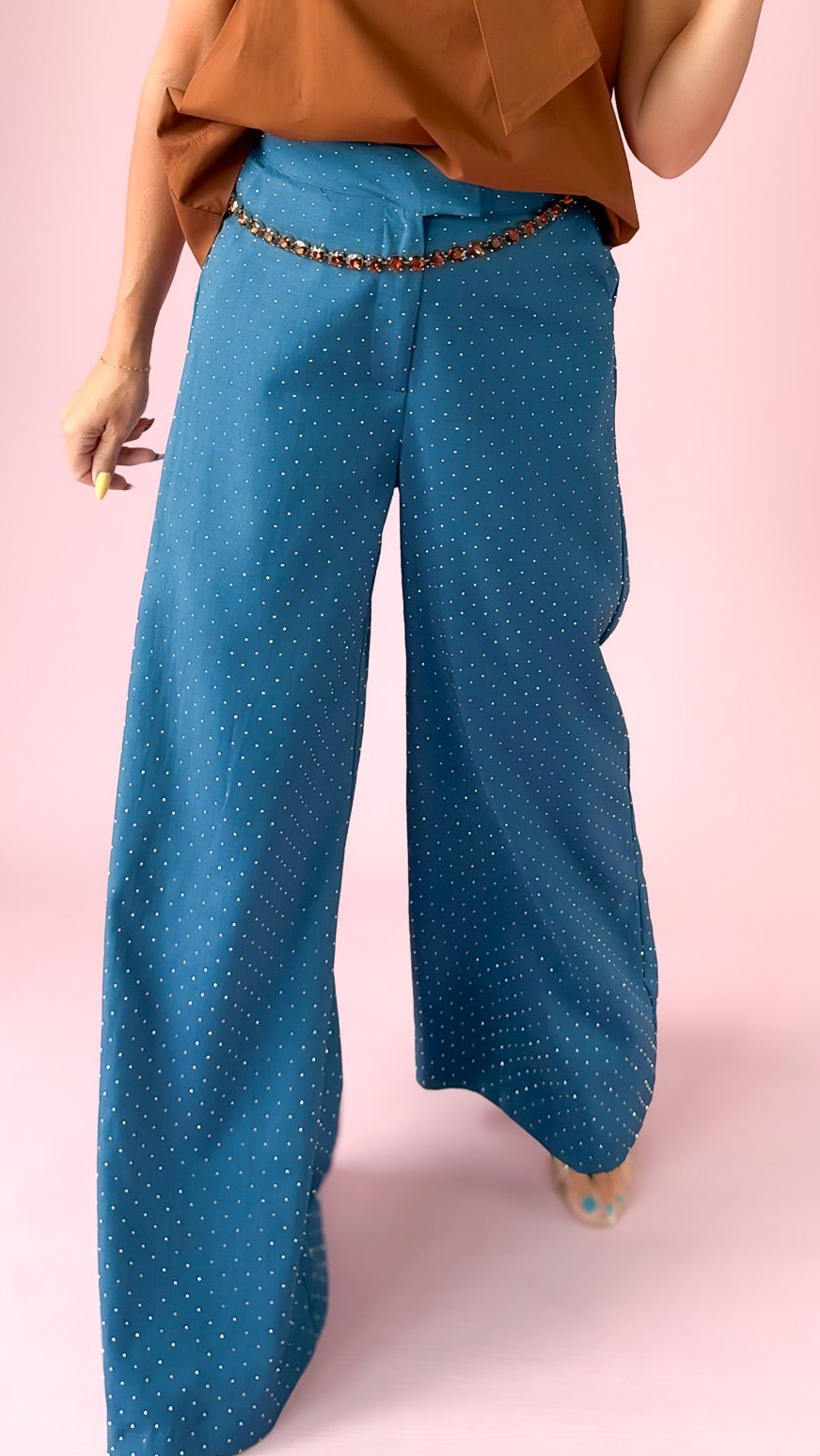 Rhinestone Flowy HW Pants/Teal