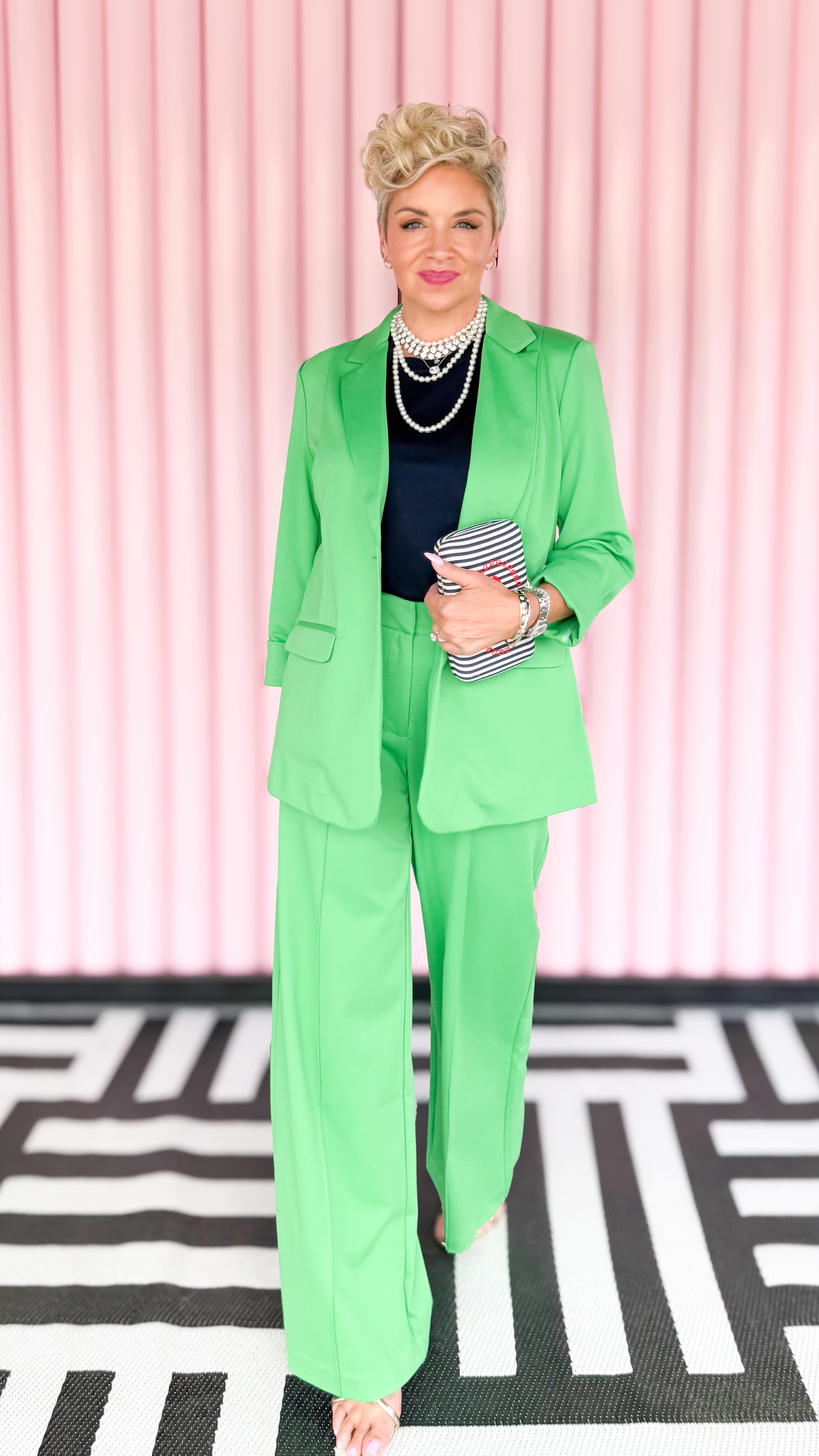 Knit trouser with center pintuck in green worn on model - detail view - BLVD Boutik