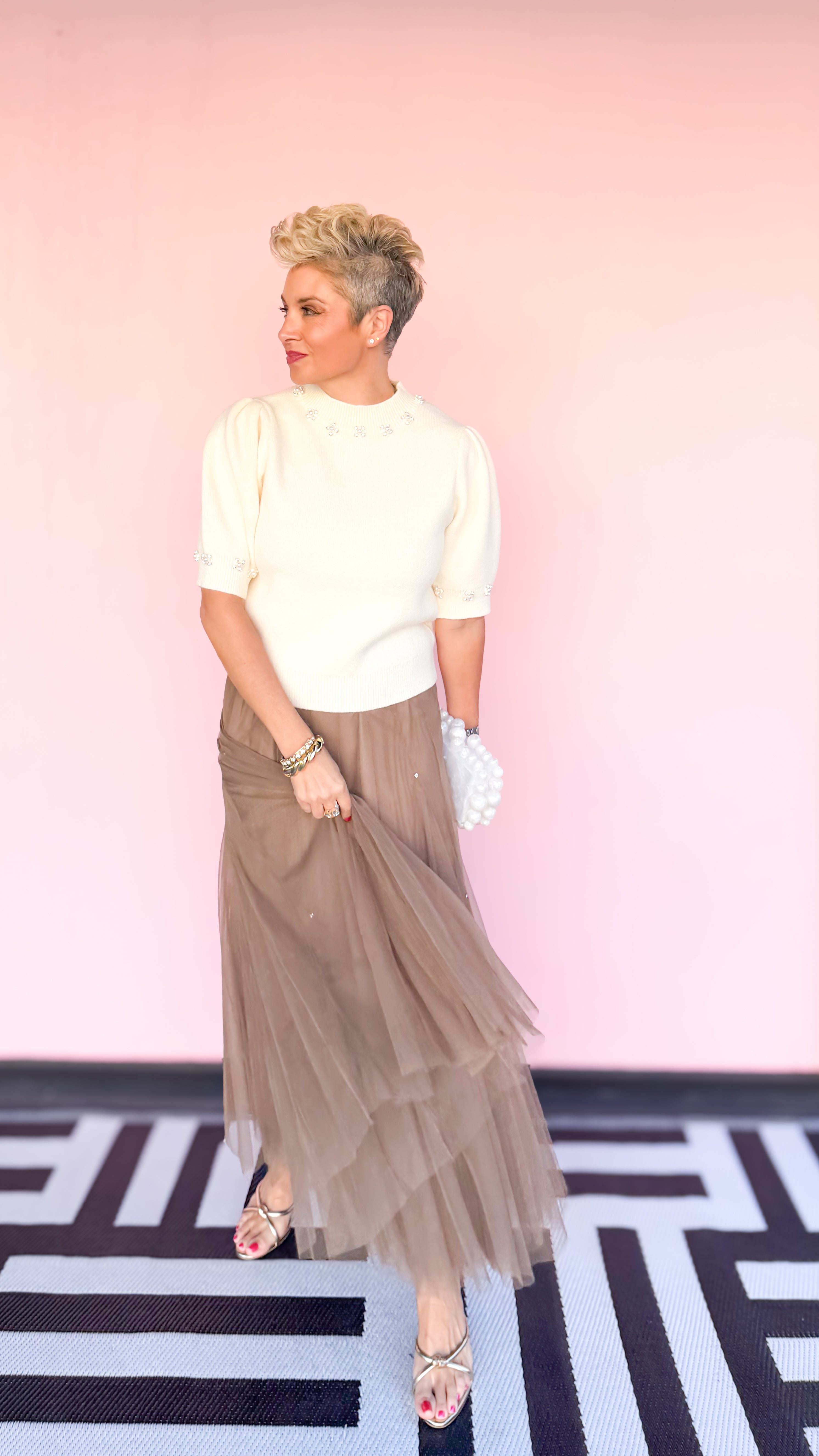 Mesh Midi Skirt W/Rhinestones/Brown