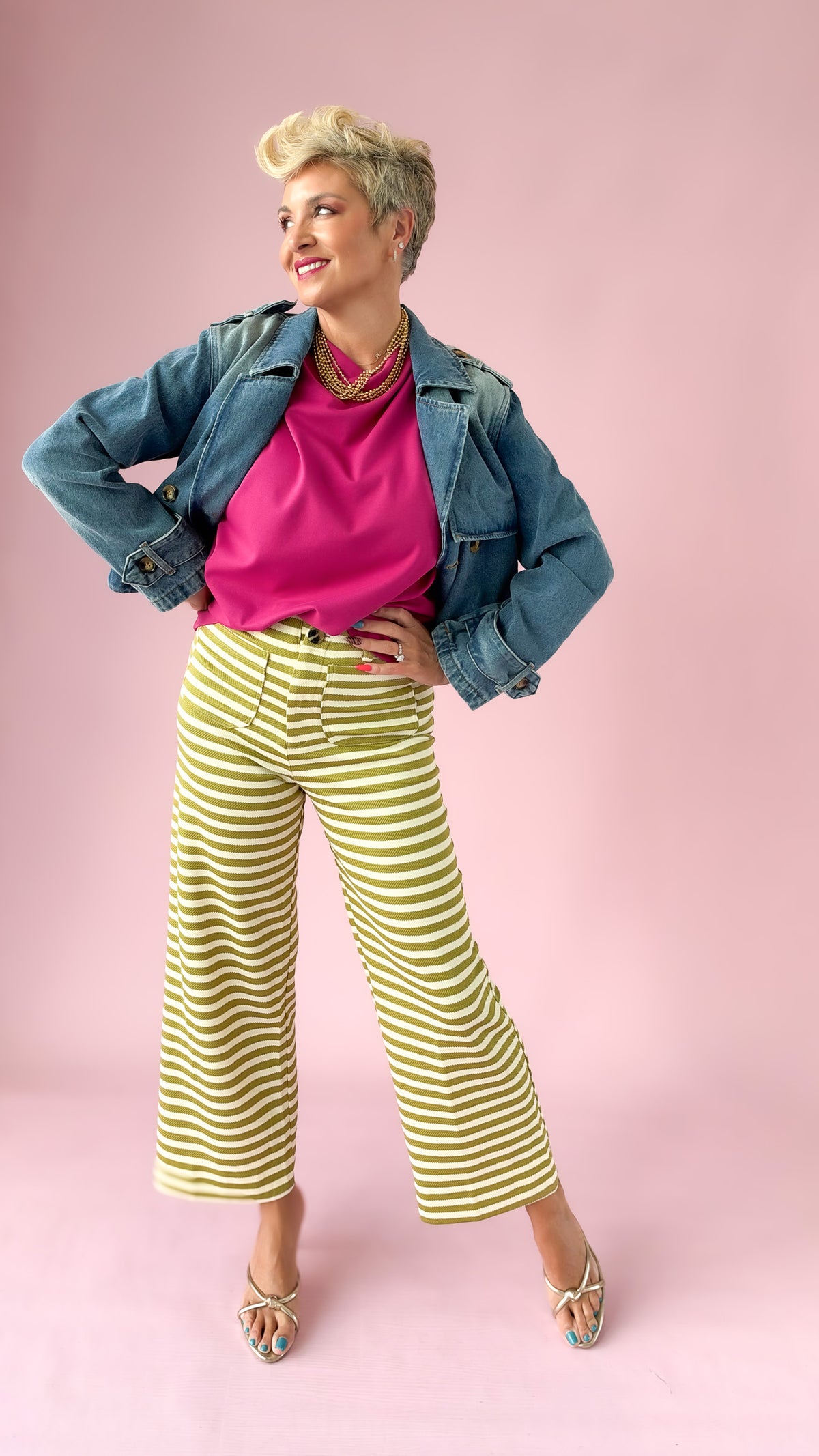 Knit Crop Striped Pants/Olive