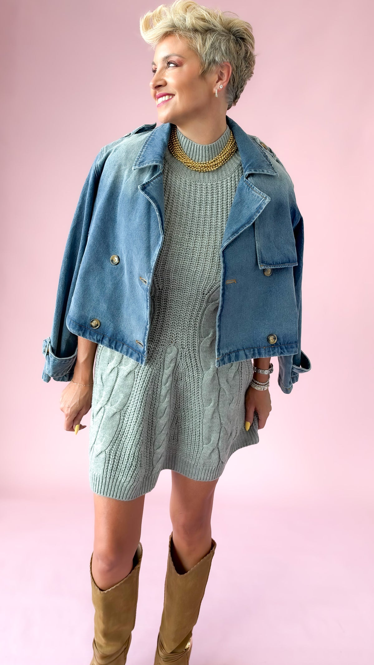 Cable Knit Sweater Dress/Gray