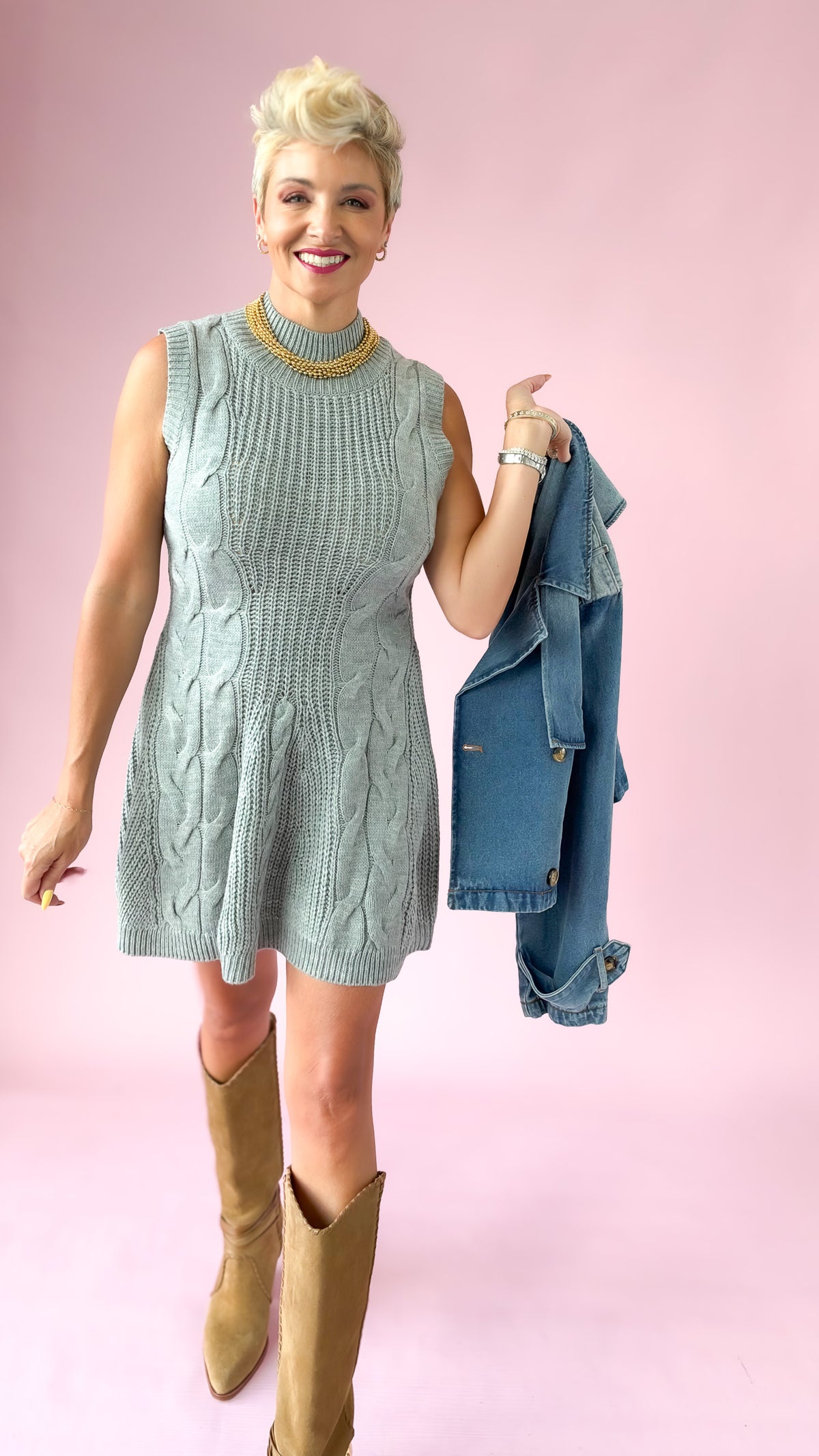 Cable Knit Sweater Dress/Gray