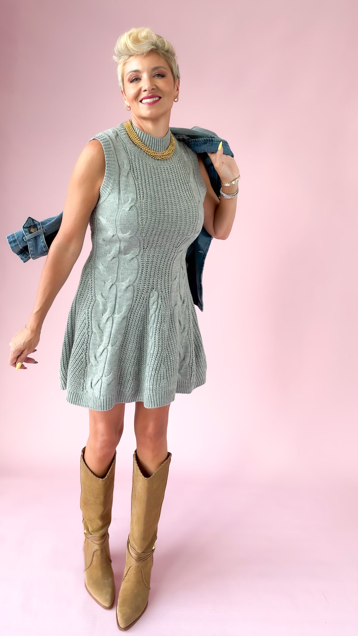 Cable Knit Sweater Dress/Gray
