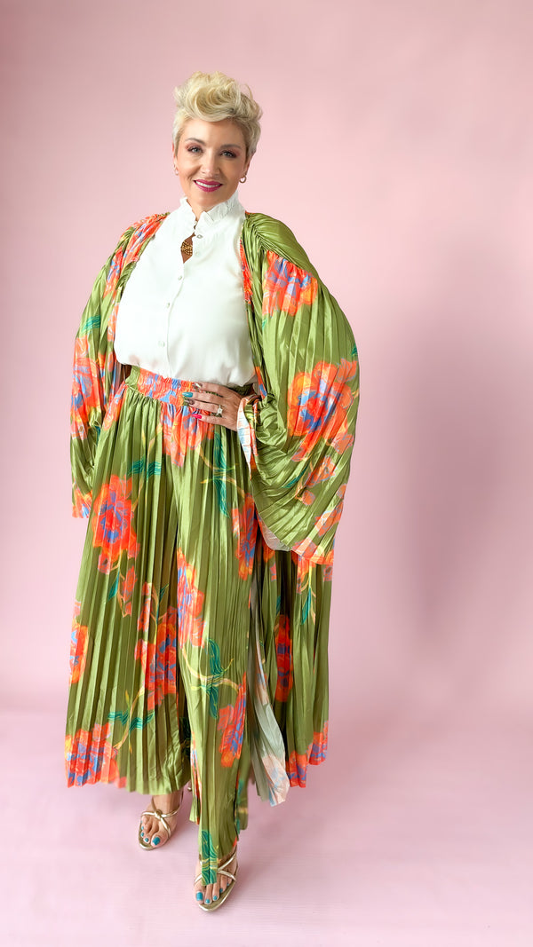Floral Pleated Satin Kimono Set/Green