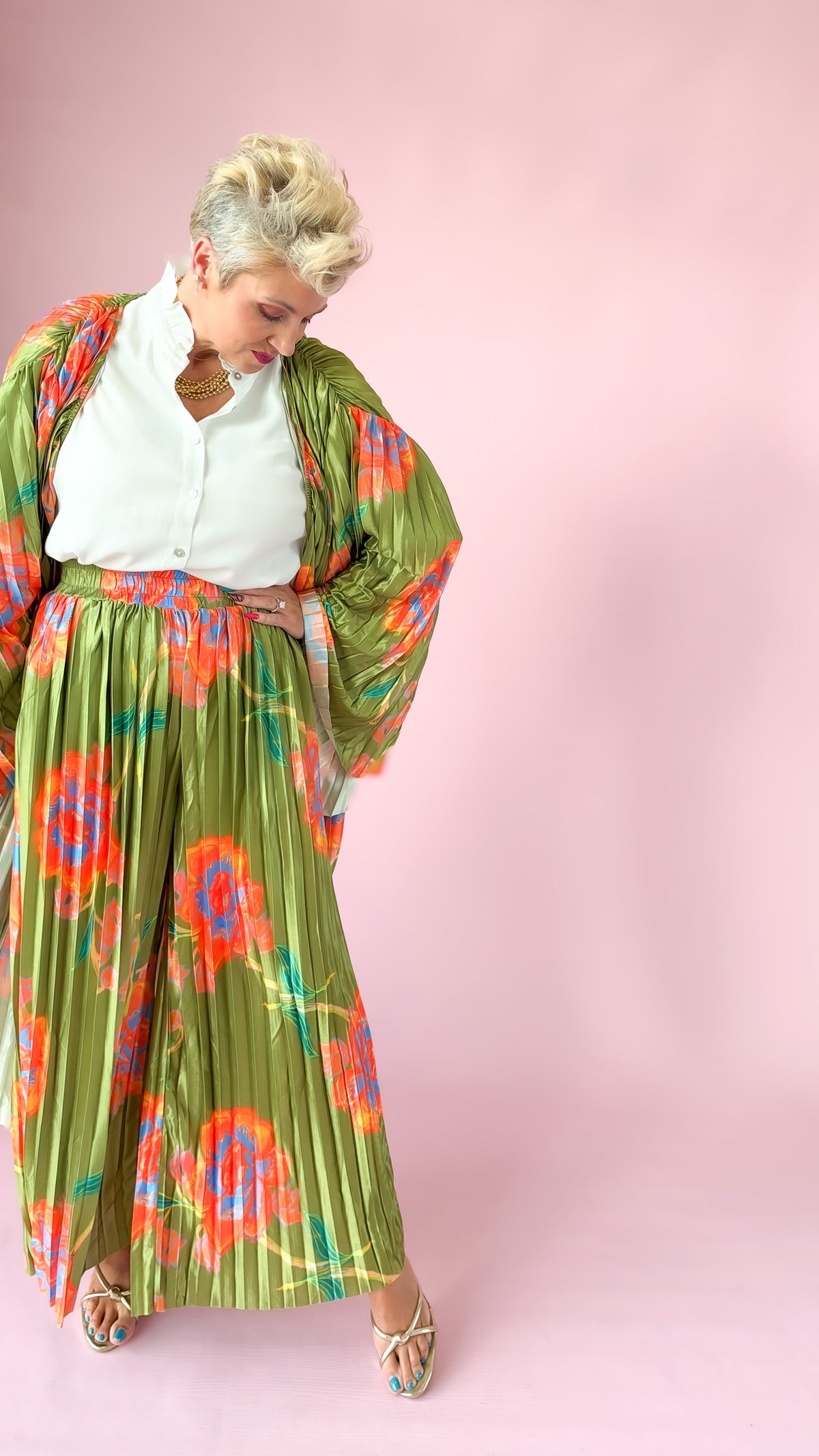 Floral Pleated Satin Kimono Set/Green