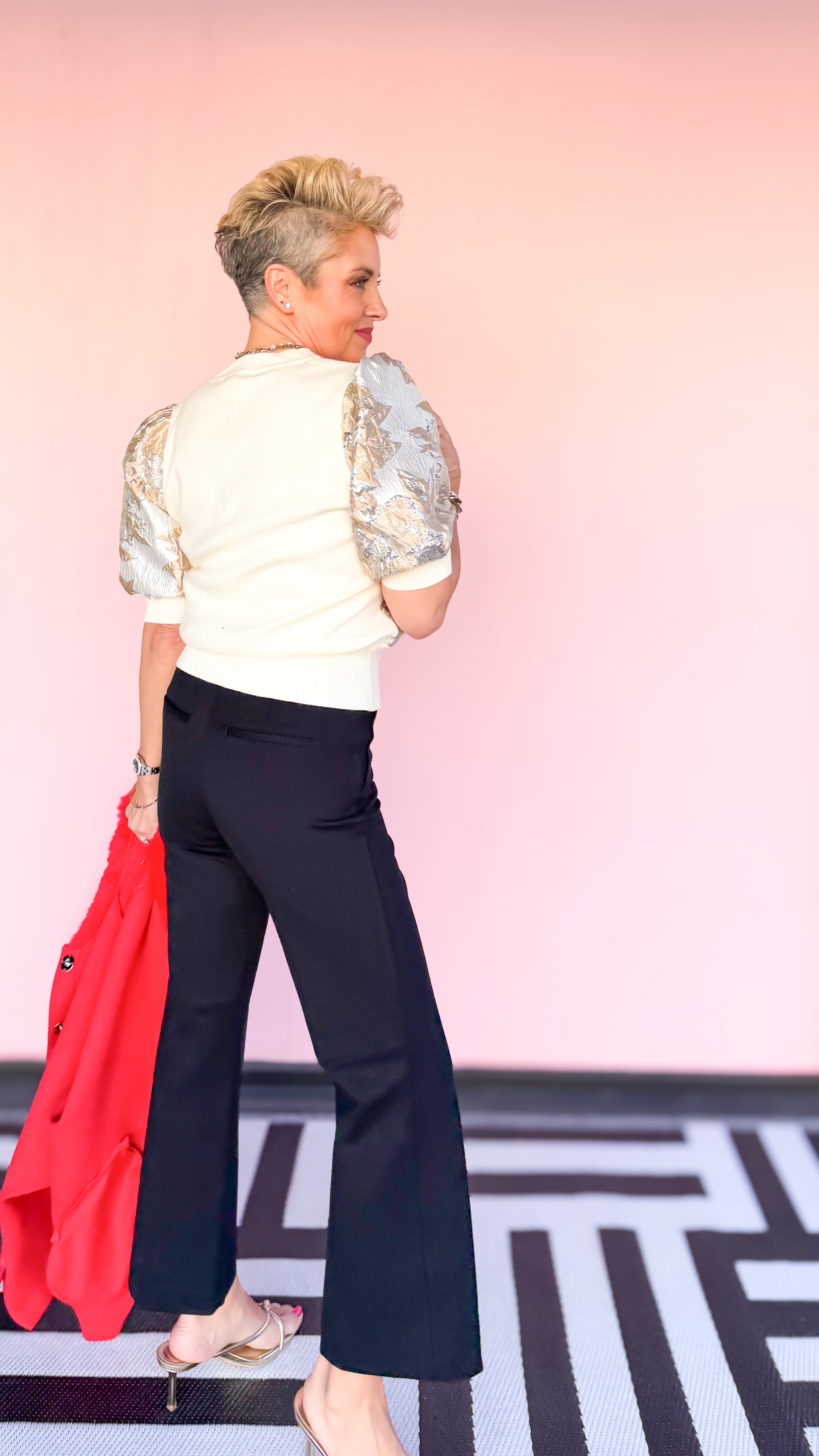 Knit/Metallic Short Sleeve Top/Ivory