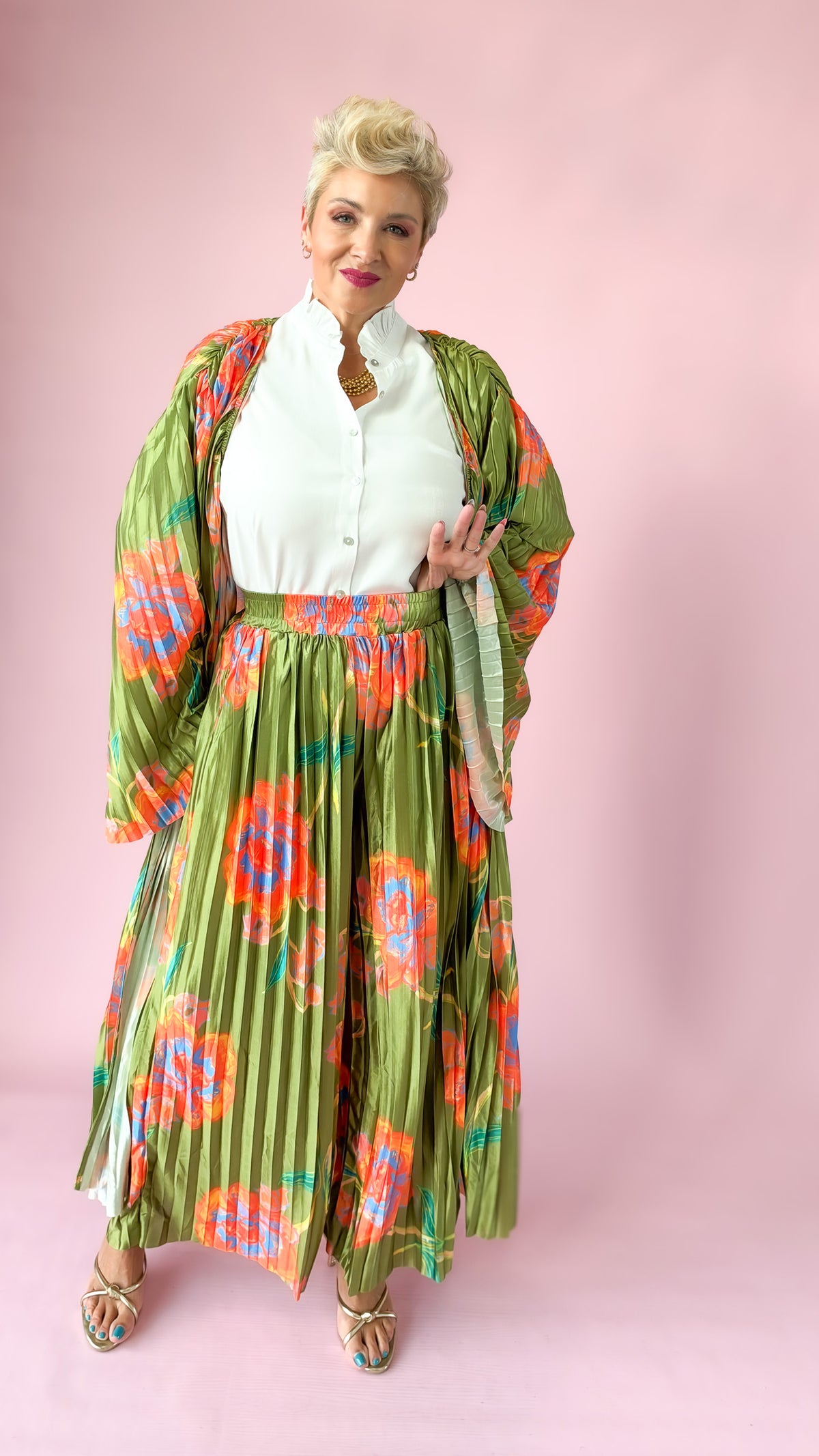 Floral Pleated Satin Kimono Set/Green