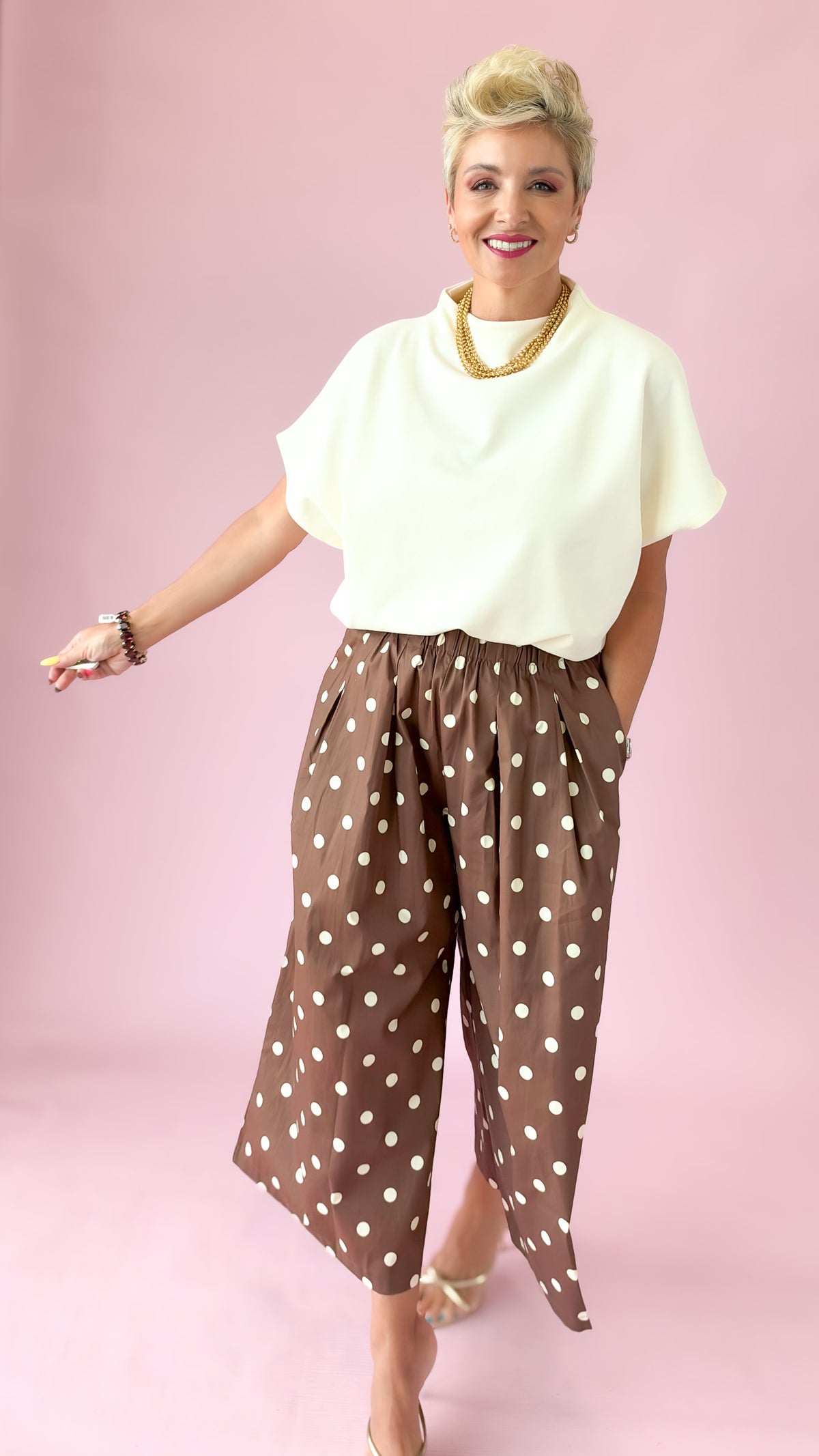 Polka Dot Wide-Leg Pants/Brown