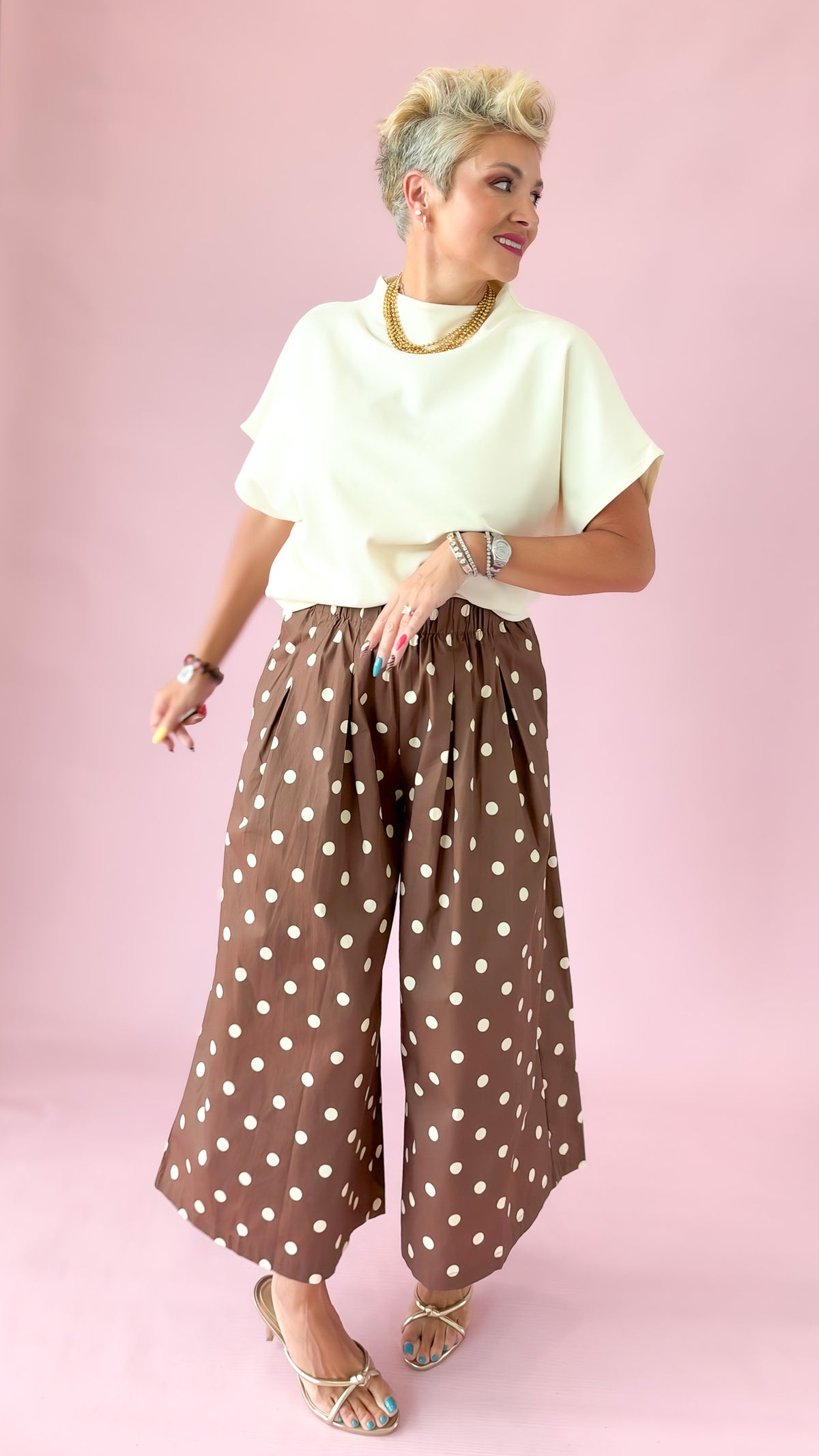 Polka Dot Wide-Leg Pants/Brown