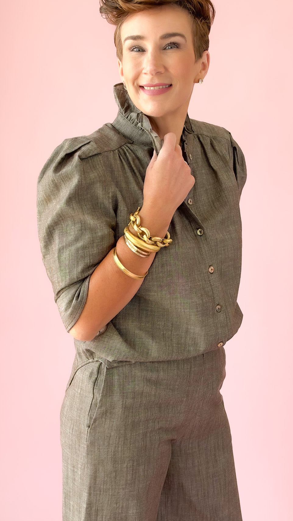 Ruffle Collar Puff Shirt/Brown