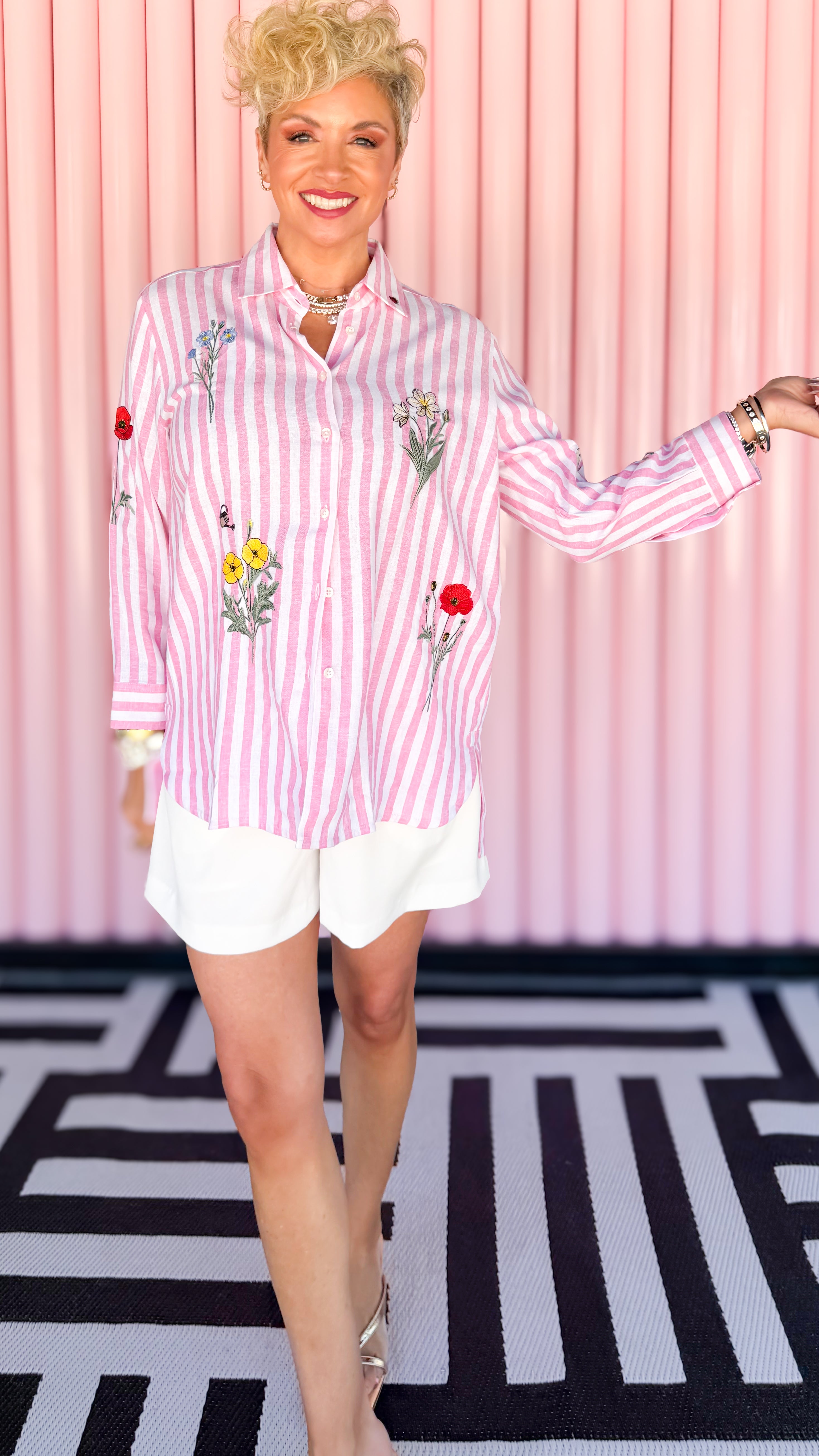 PINK STRIPED SHIRT EMBROIDERED FLOWERS