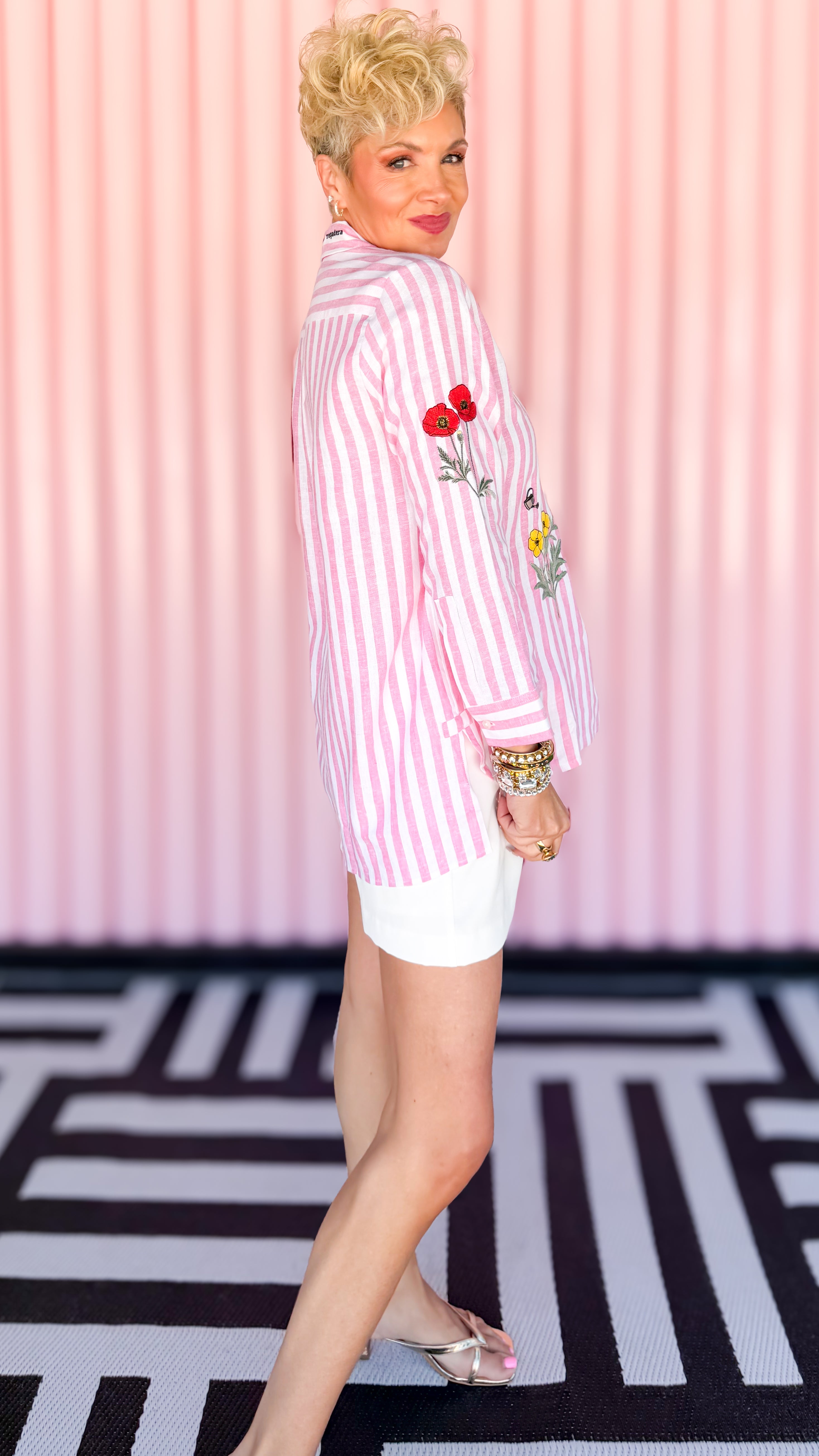 Pink striped shirt with embroidered flowers worn on model - styled view - BLVD Boutik