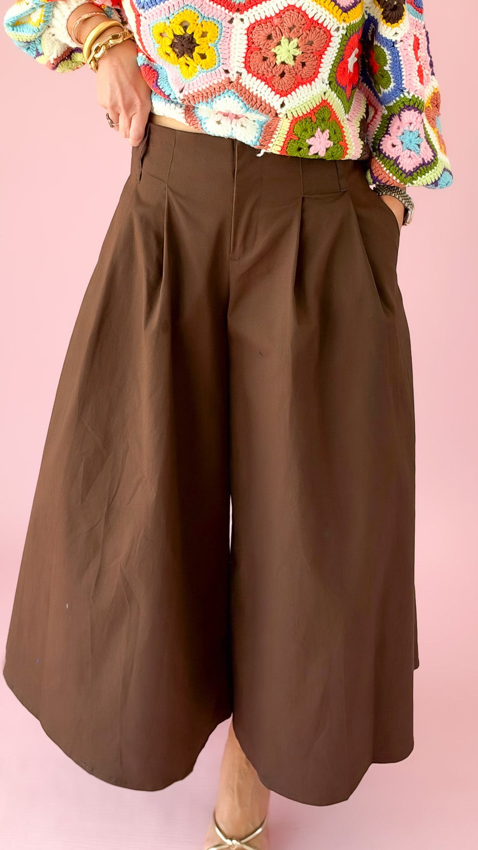Pleated Culotte Wide Pants/Brown