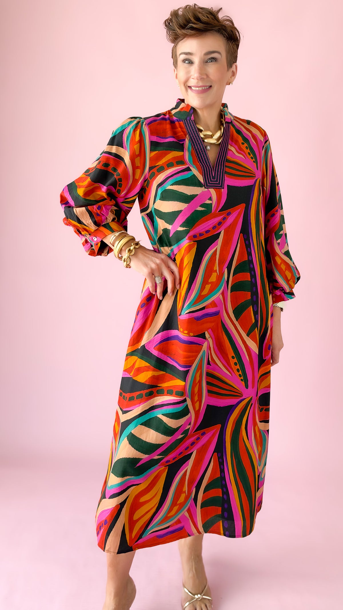 Abstract Caftan Midi Dress/Multi