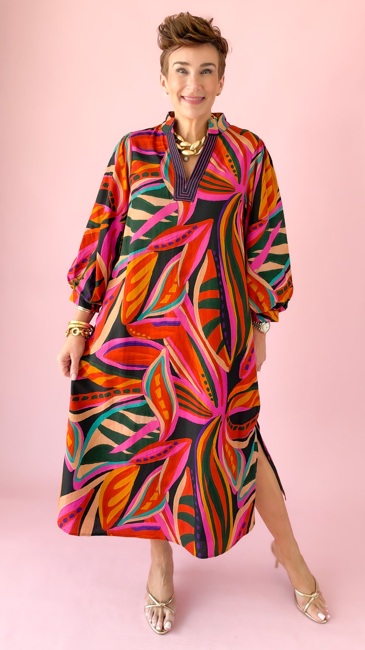 Abstract Caftan Midi Dress/Multi