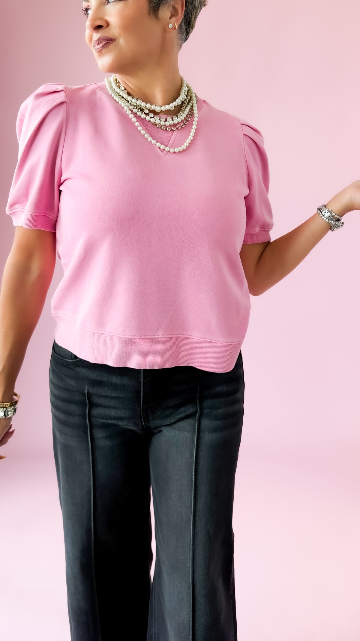Pink Bubble Sleeve Crew Top