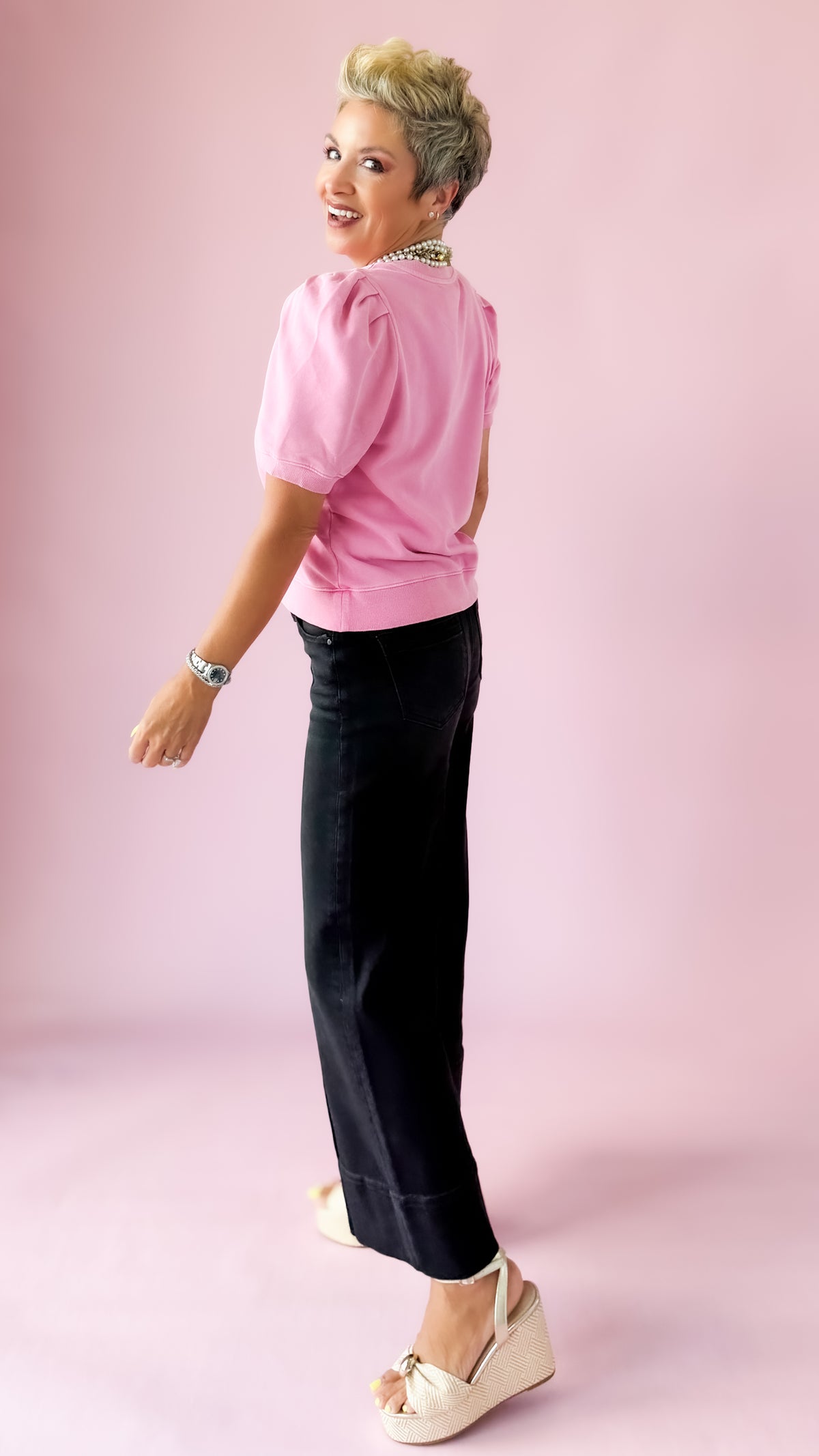 Pink Bubble Sleeve Crew Top