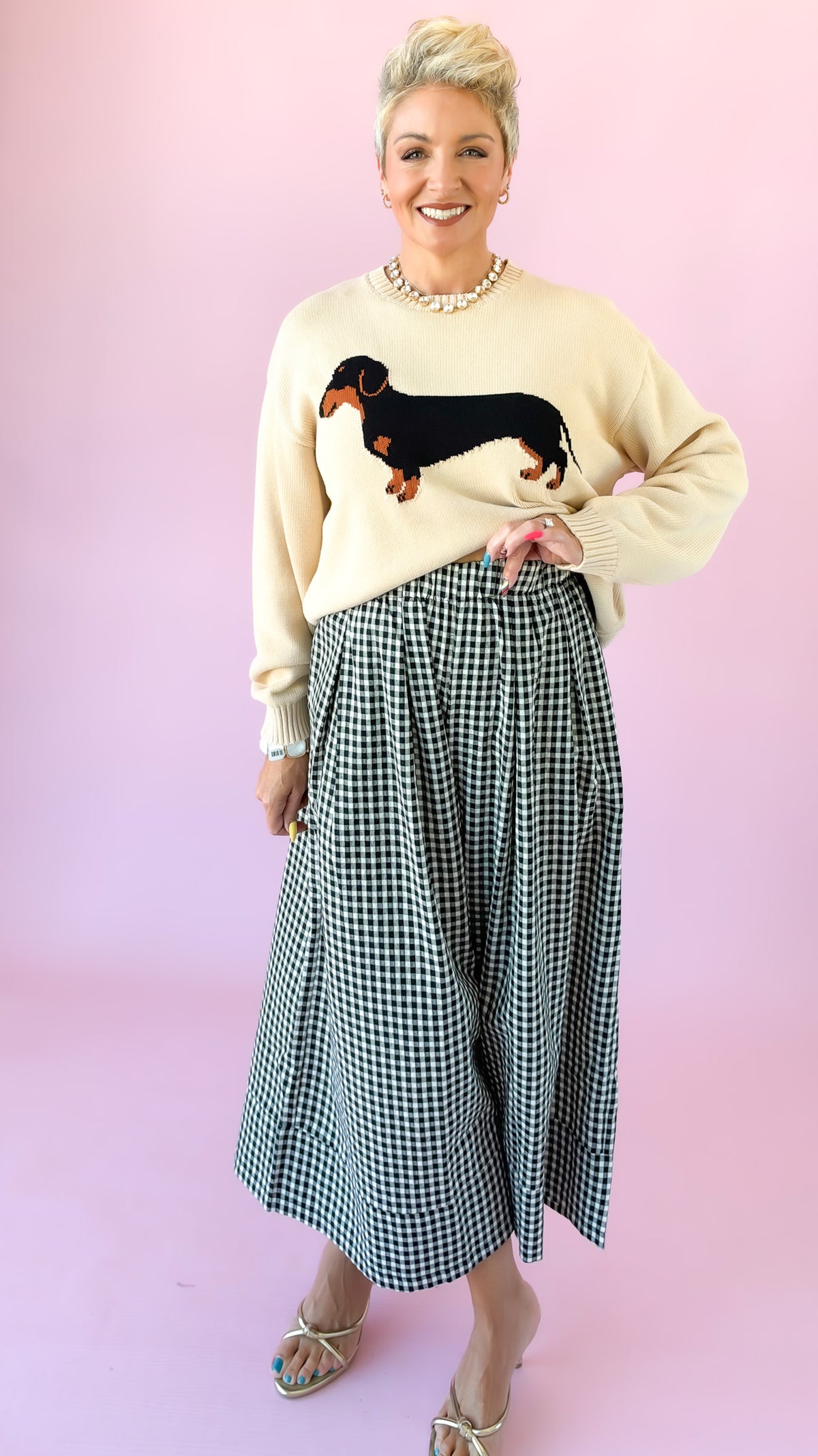 Gingham Wide Leg Pants/Black
