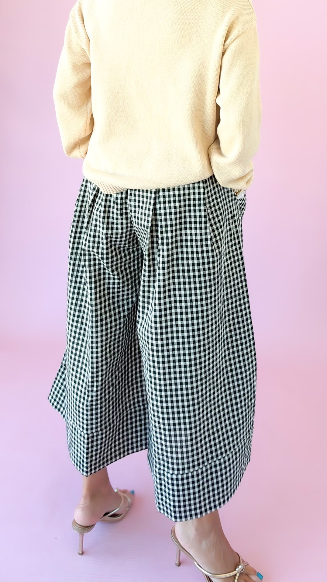 Gingham Wide Leg Pants/Black