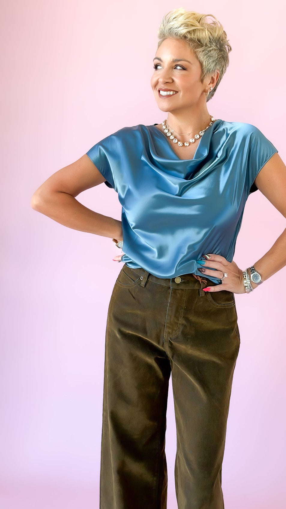 Cowl Neck Mixed Media Top/Slate