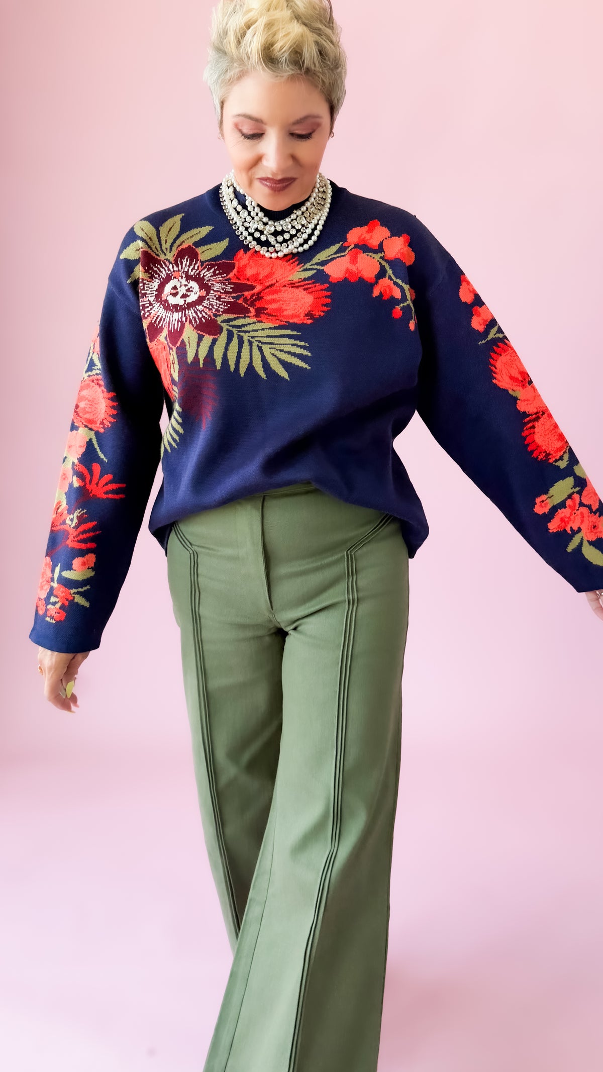 Megan Floral Sweater/Navy