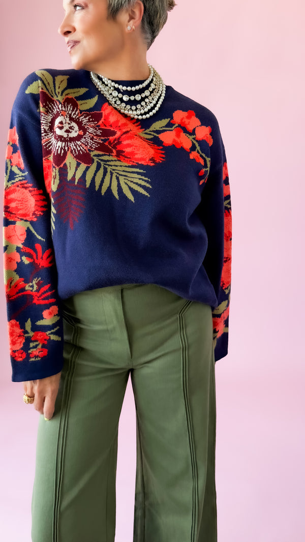 Megan Floral Sweater/Navy