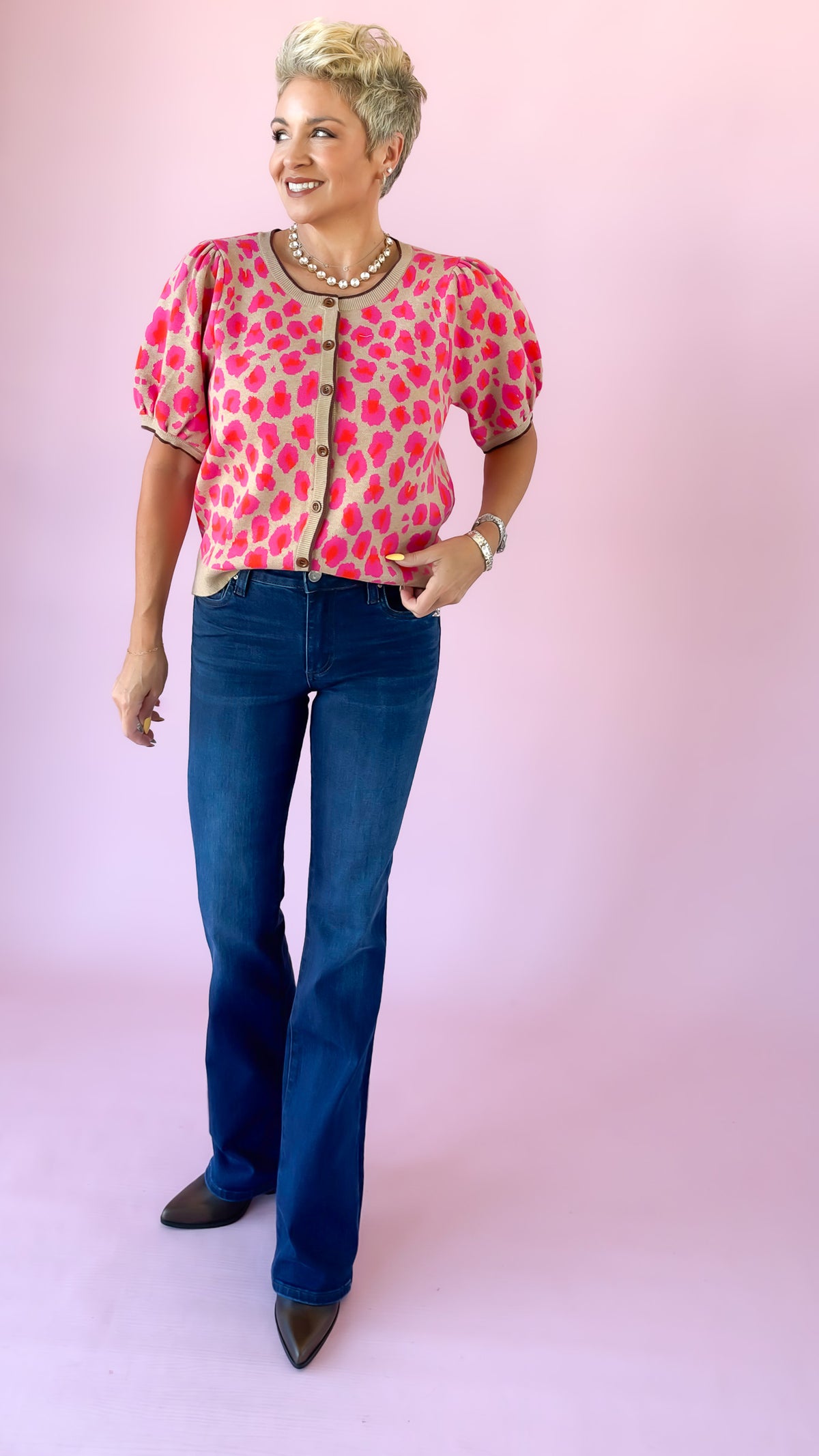 Puff Sleeve Leopard Cardigan/Pink