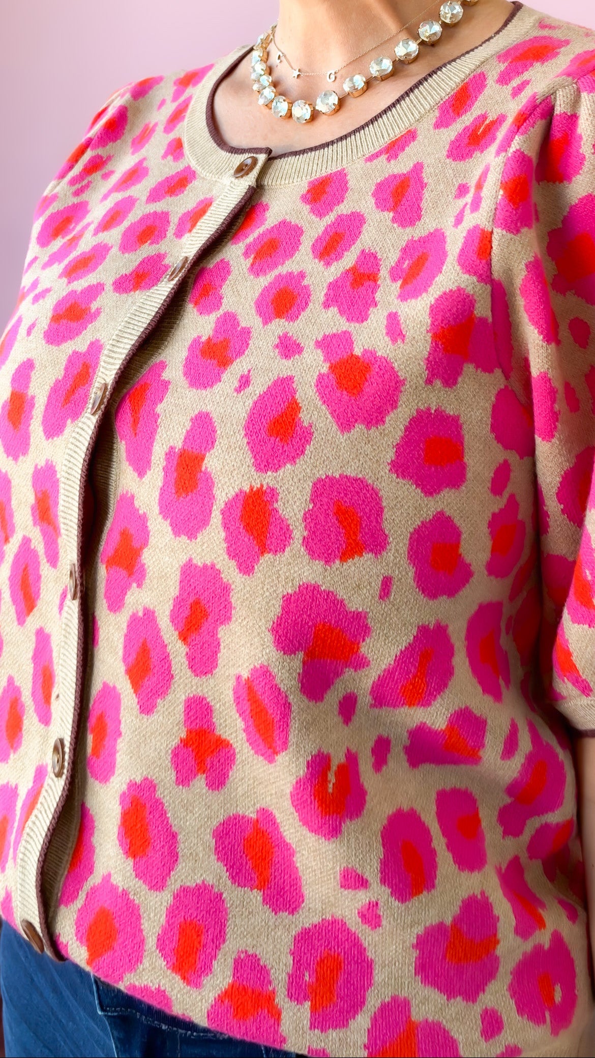 Puff Sleeve Leopard Cardigan/Pink