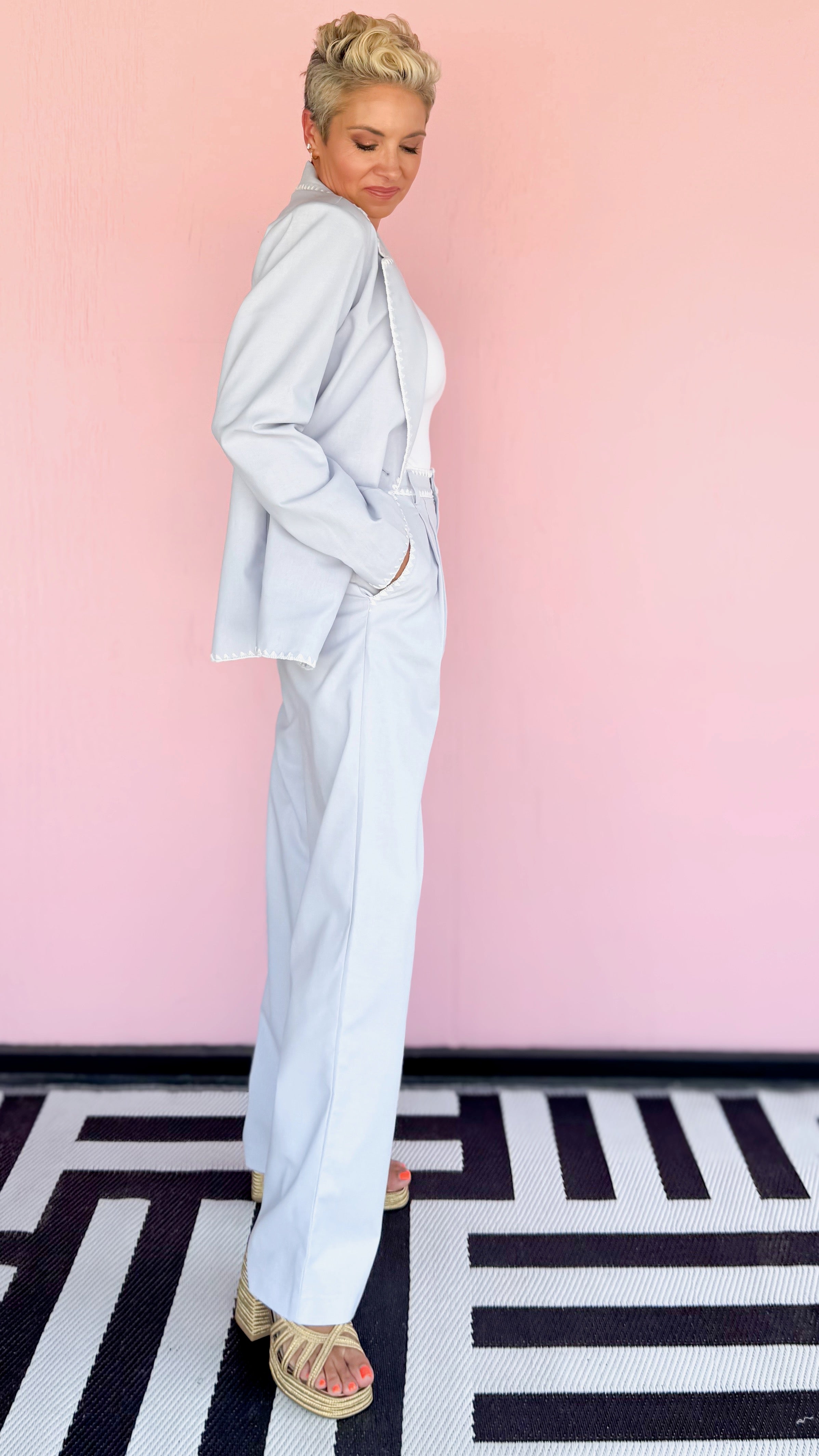 Contrast Stitch Linen Pant/Blue