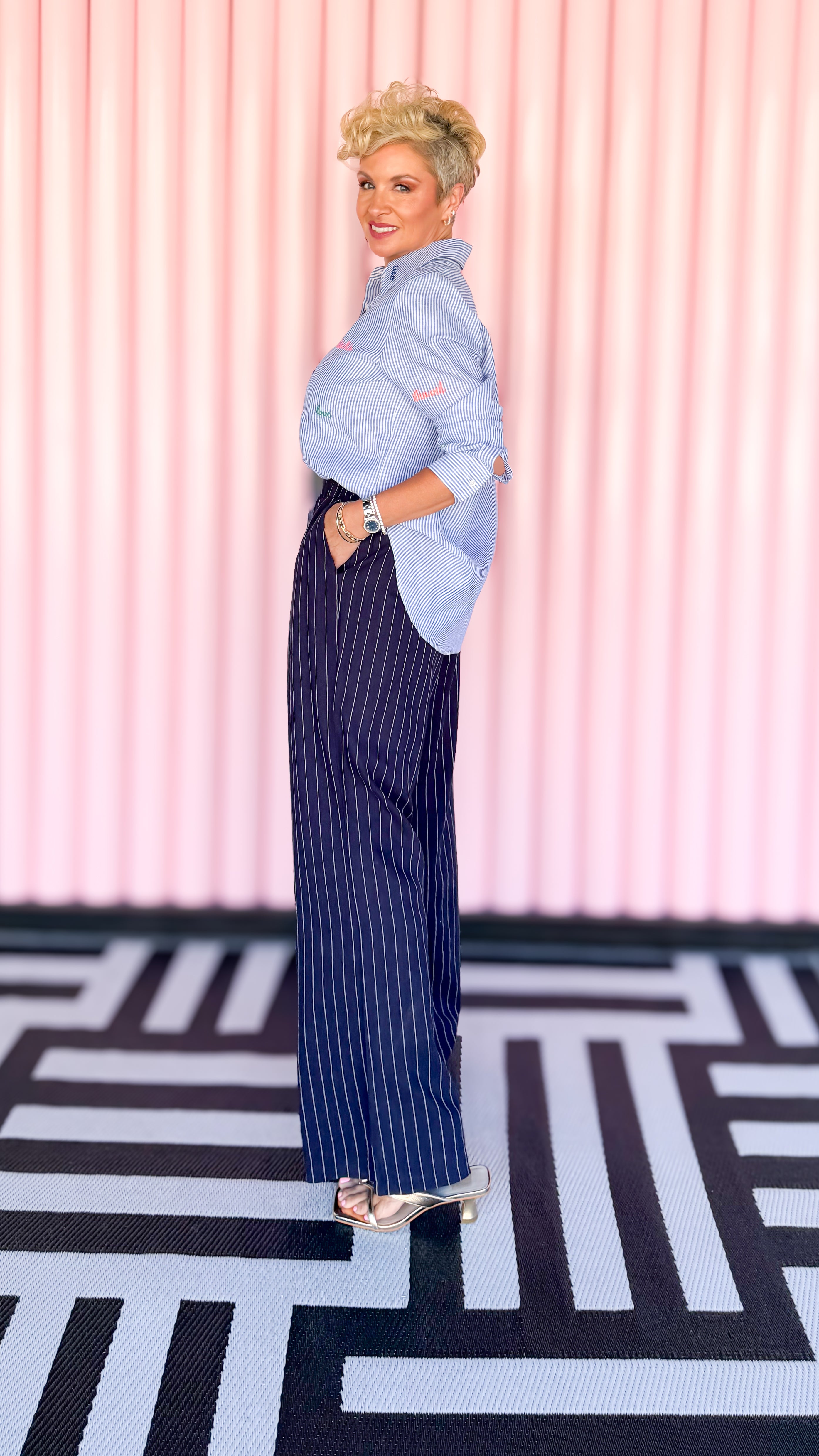Linen Striped Wide Leg Pants/Navy