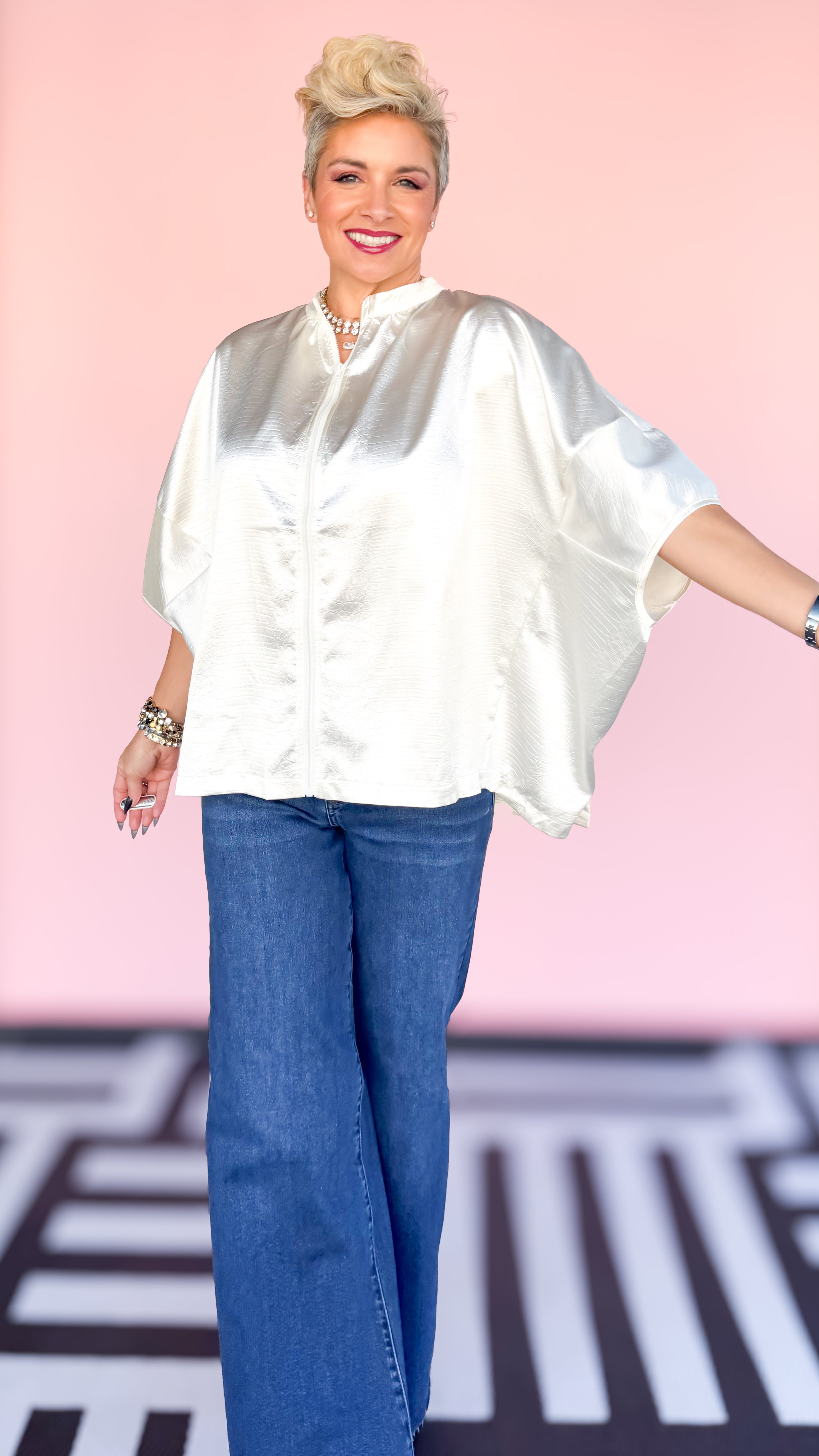 Metallic Alligator Front Zip Blouse in Cream