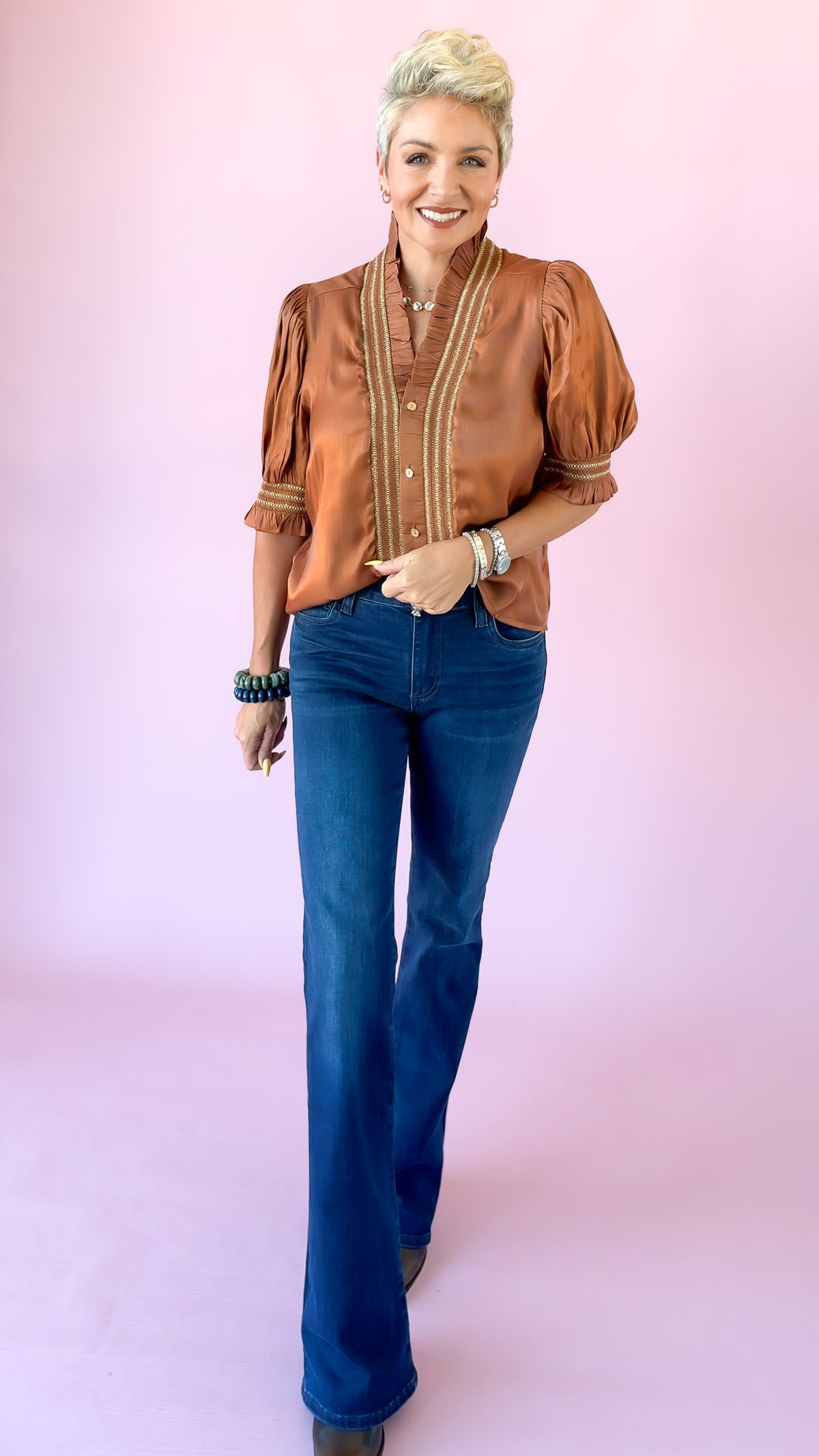 Shimmer Smocked Ruffle Top/Pumpkin