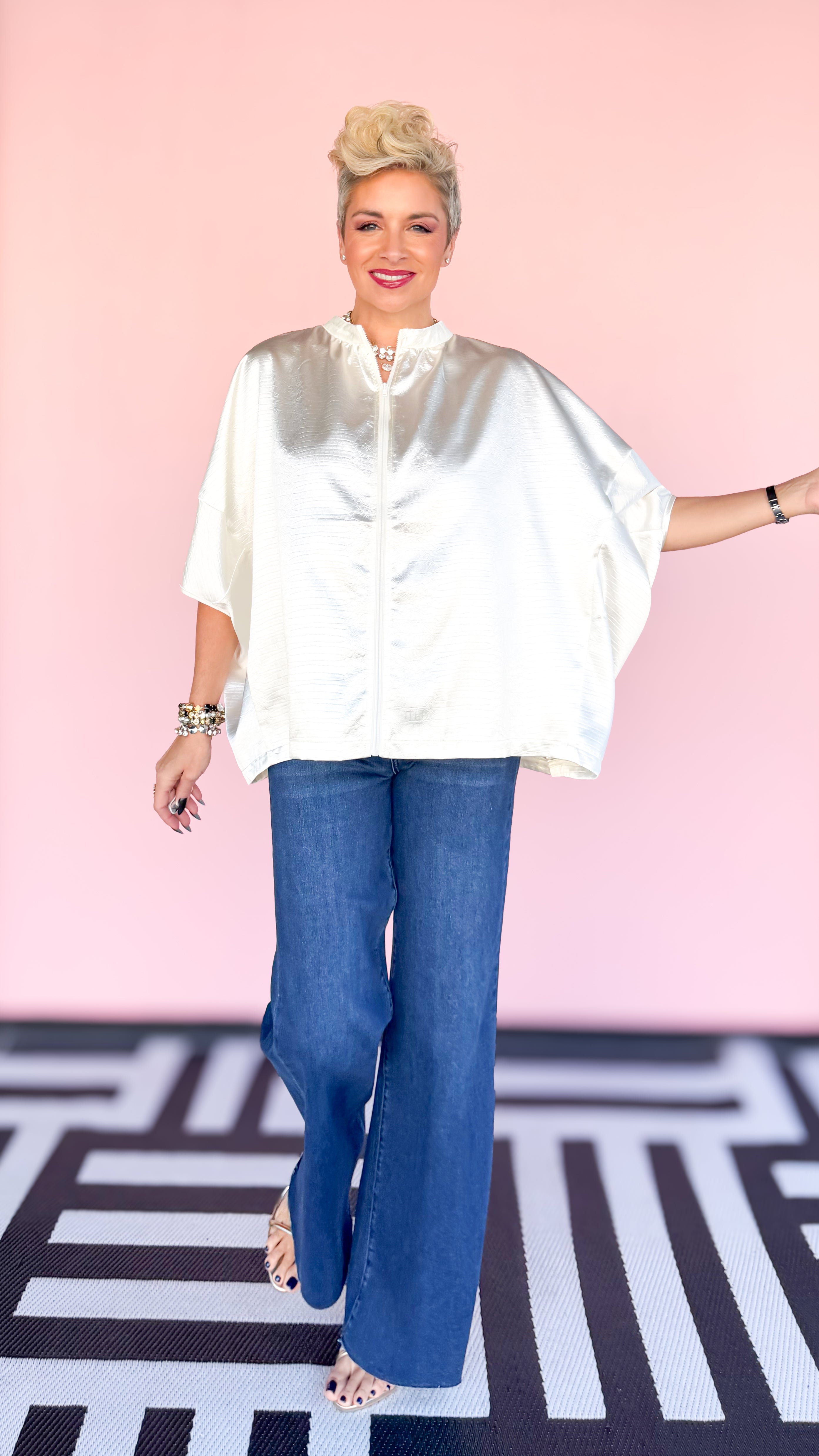 Metallic Alligator Front Zip Blouse in Cream