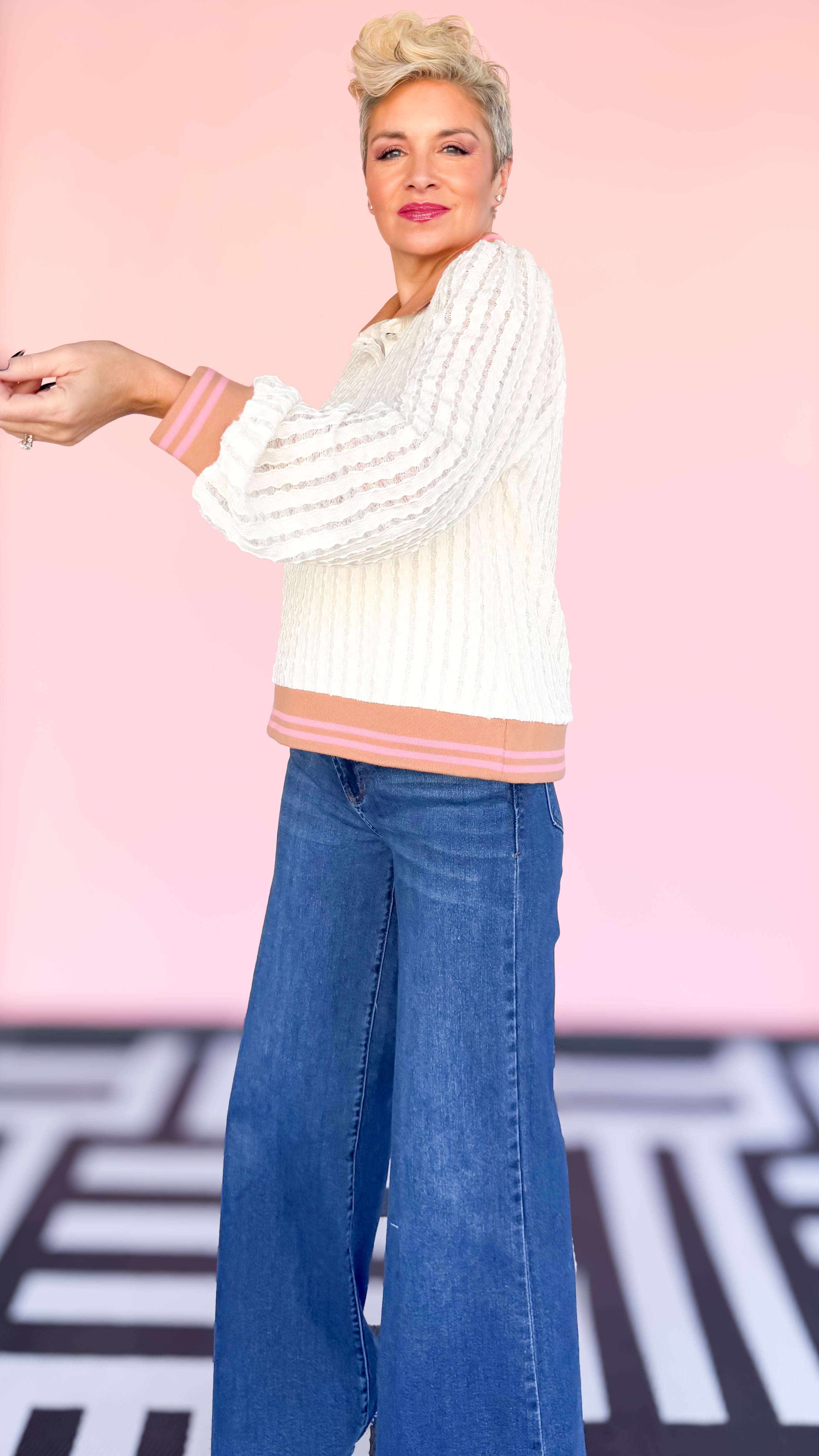 Tan&Pink Collared Cream Sweater