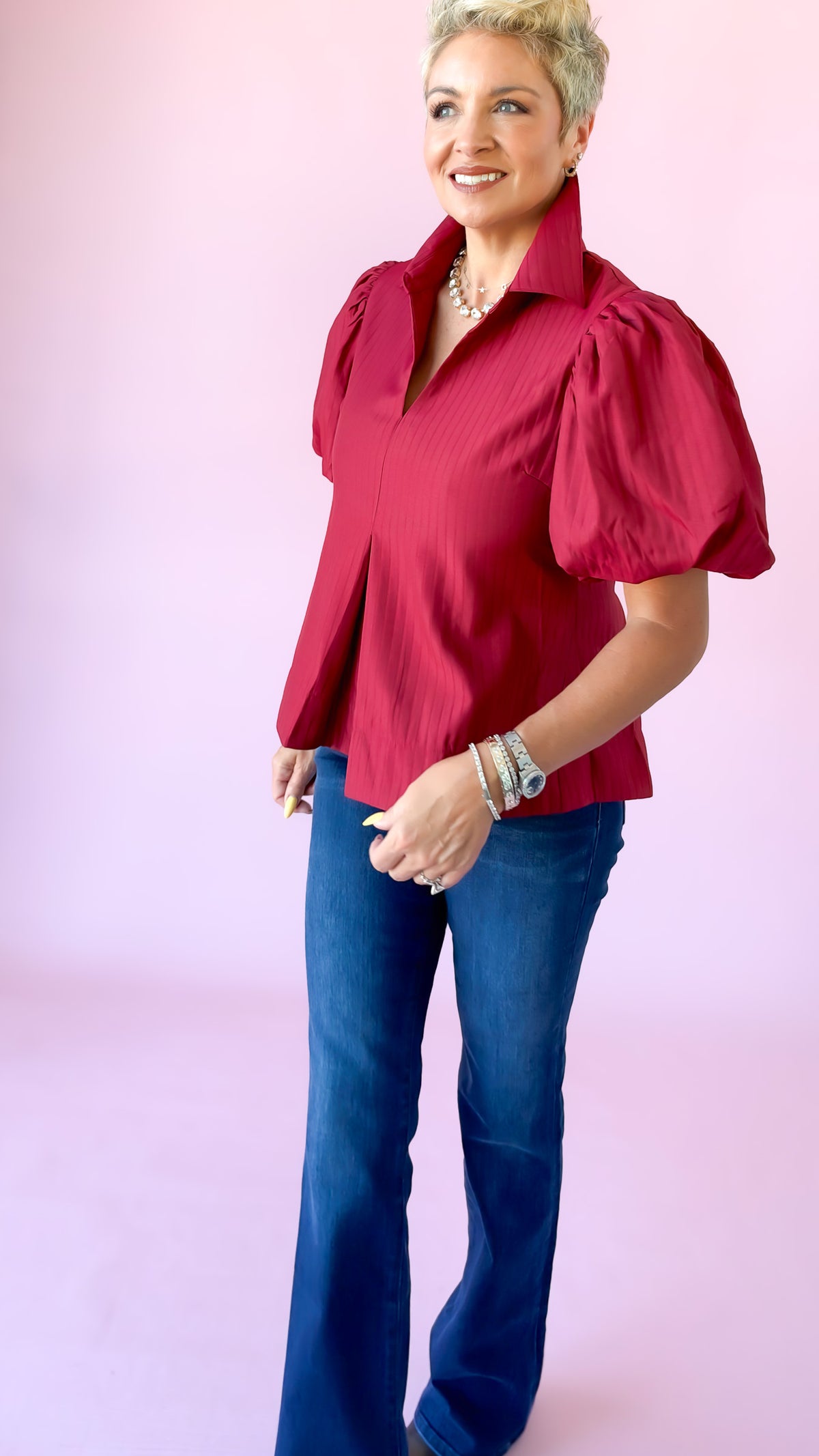Puff Sleeve Peplum Top/Red