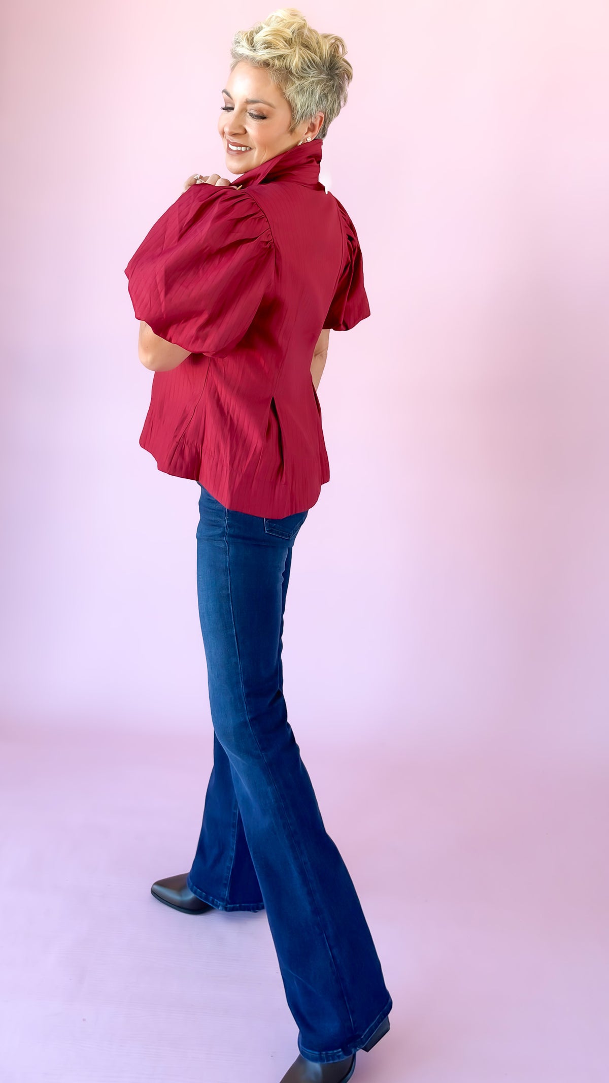 Puff Sleeve Peplum Top/Red